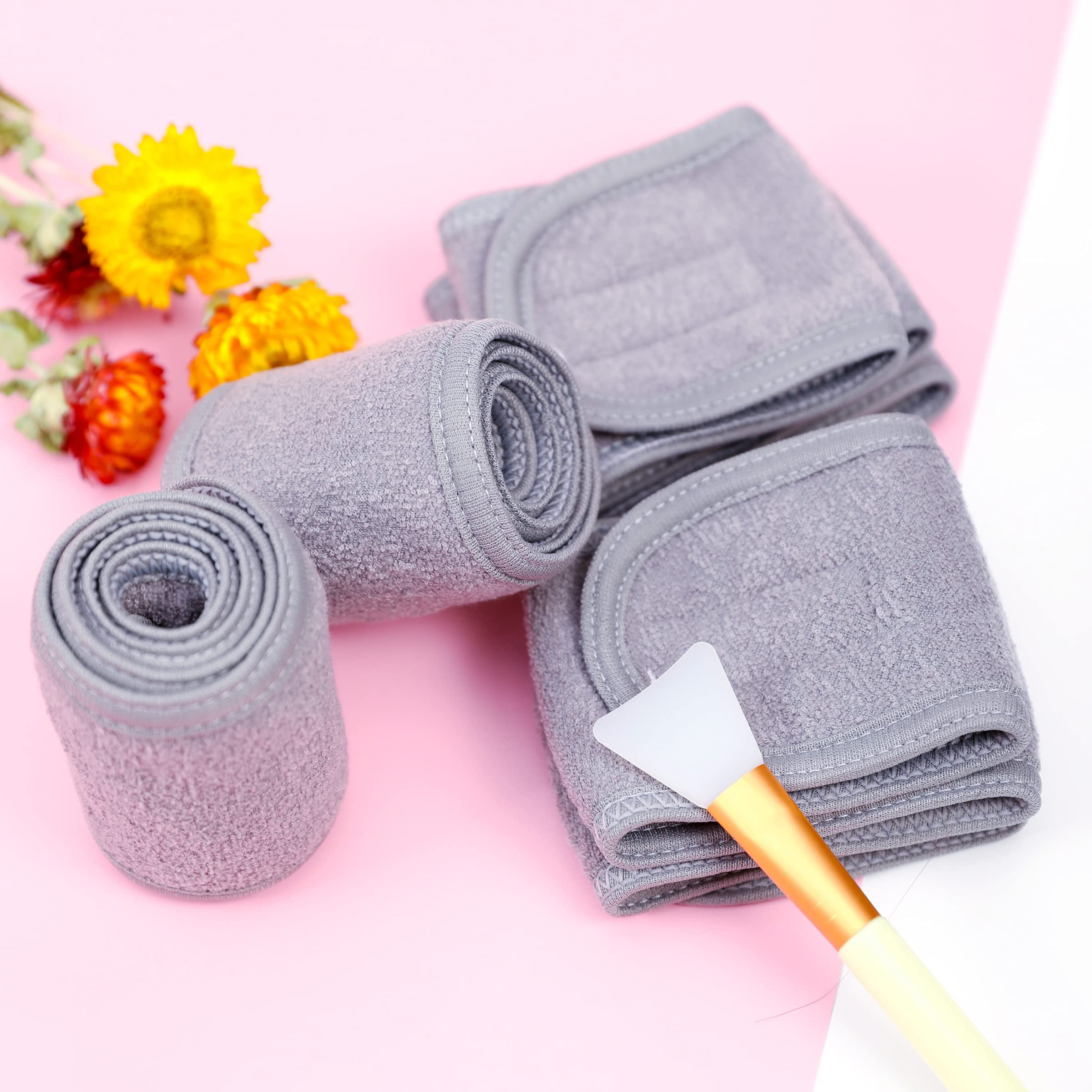 Gesichts-Spa-Stirnbänder, 4 Stück, Make-up, Dusche, Bad, Sport, Stirnband, Frottee, Stretch-Handtuch mit magischem Klebeband (grau)