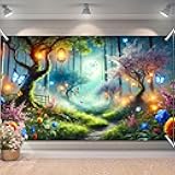 BlissYard Spring Fairy Forest Backdrop Moonlight Lantern Woodland Banner Fantasy Floral Night Garden Scene for Party Event Display 71×41 Inch Magical Spring Photo Background Home Decor