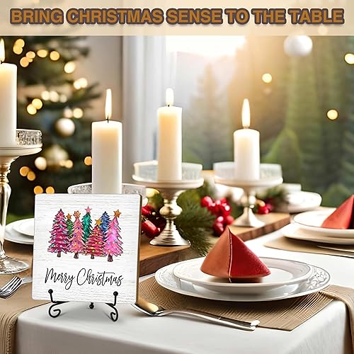 Miniatura 3 de Decoración rosa de Feliz Navidad para escritorio de dormitorio, oficina en casa, placa de madera de 5 x 5 pulgadas con soporte, letrero de madera