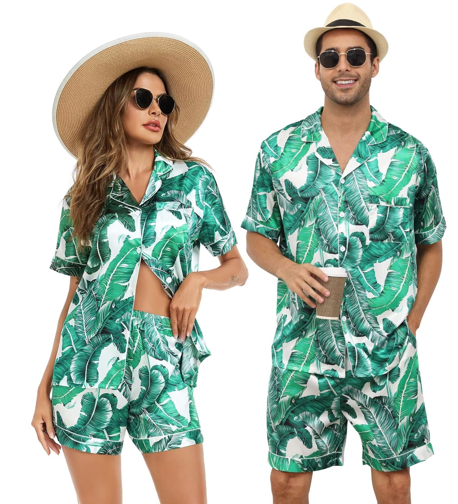 SWOMOG Satin Matching Pajamas Sets Couple Silk Button Down Nightwear Women &amp; Men Short Sleeve Sleepwear 2 Pieces Loungewear