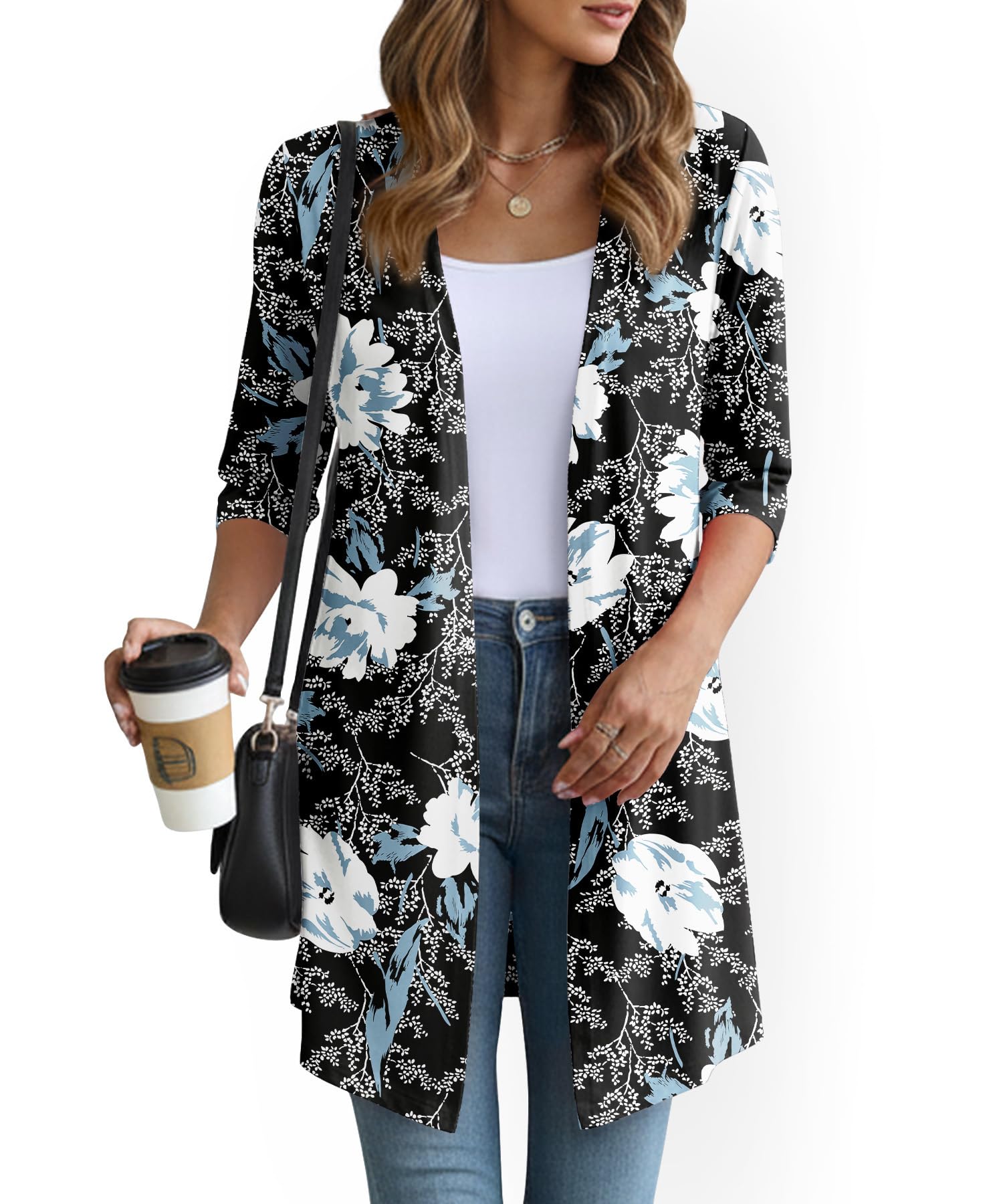 YSYOKOW Lightweight Cardigans for Women 3/4 Sleeve Long Open Front