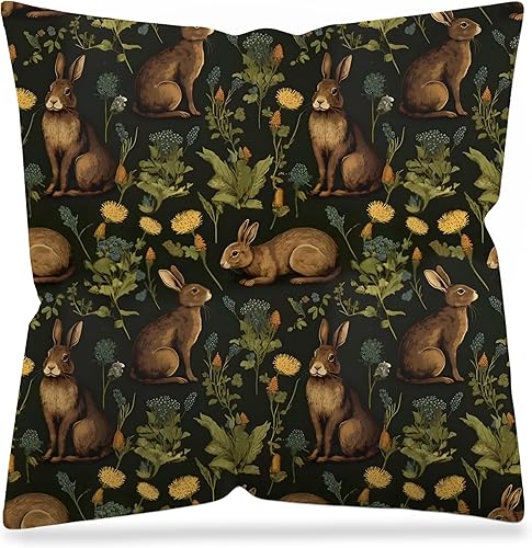 DAYOUER Rustic Dark Floral Rabbit Pillow Covers 18x18 Double-Sided, Gifts for Bu