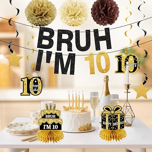 Miniatura 4 de 11 piezas de decoración de cumpleaños número 10 para niños y niñas, pancarta de feliz cumpleaños número 10 en negro y dorado con texto en inglés