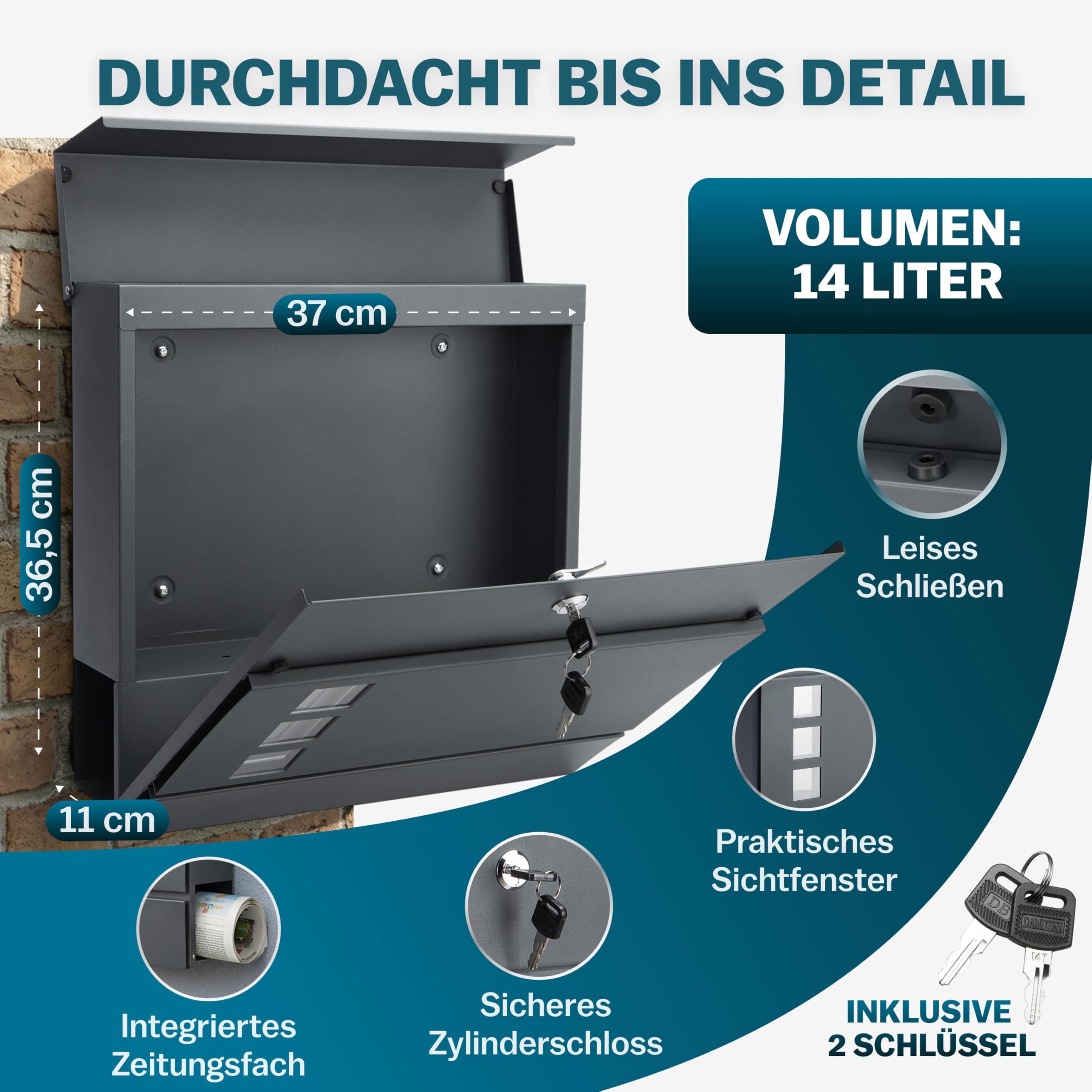 MONZANA® XXL Briefkasten Postkasten mit Zeitungsfach Sichtfenster abschließbar 2 Schlüssel Montagematerial Stahl modern einfache Montage Zeitungsrolle Wandbriefkasten Anthrazit