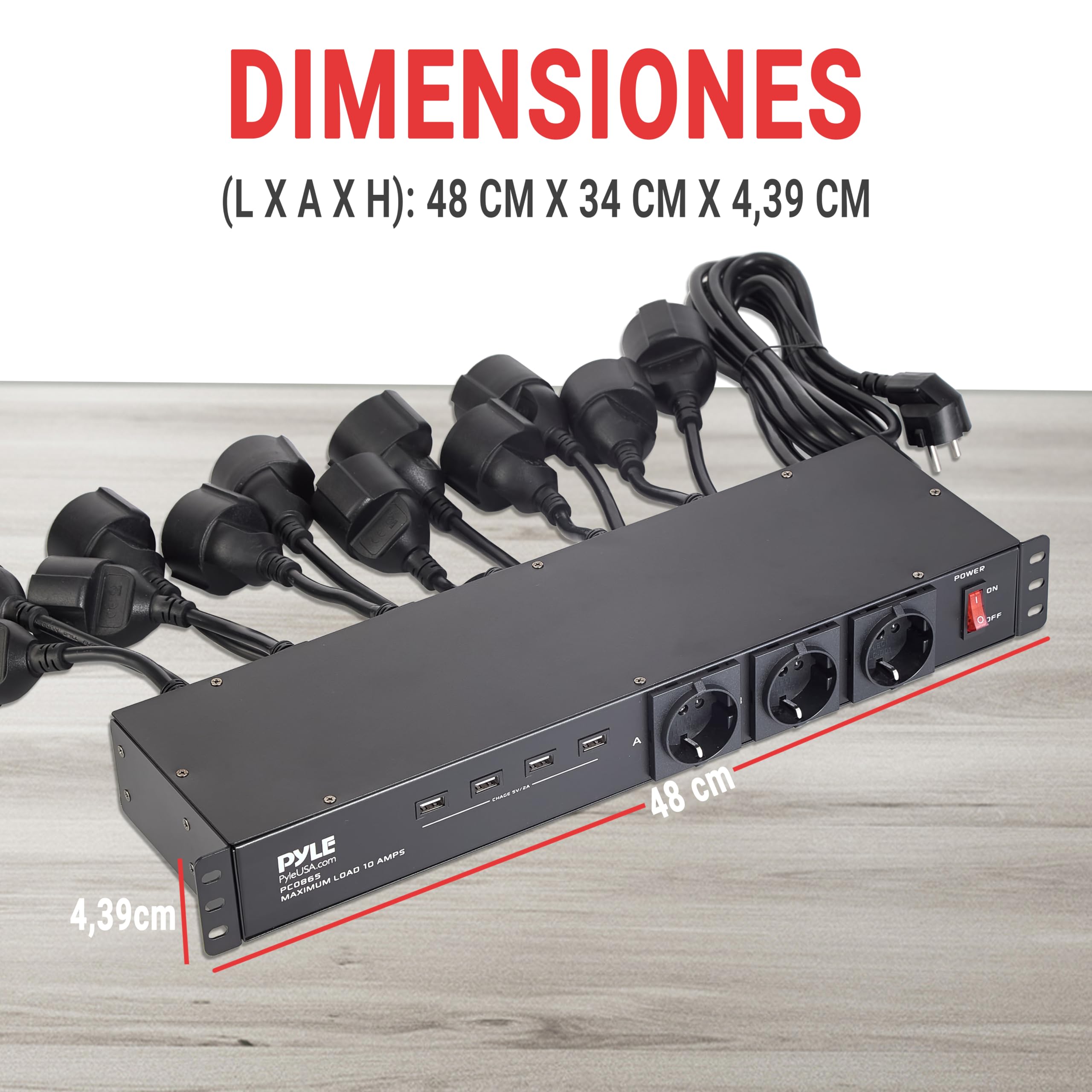Pyle regleta, Montaje en Rack, 12 Tomas, Unidad, Tira, Disyuntor de 15 amperios, 4 Puertos de Carga USB, Multiples Dispositivos, Cable de 15 pies