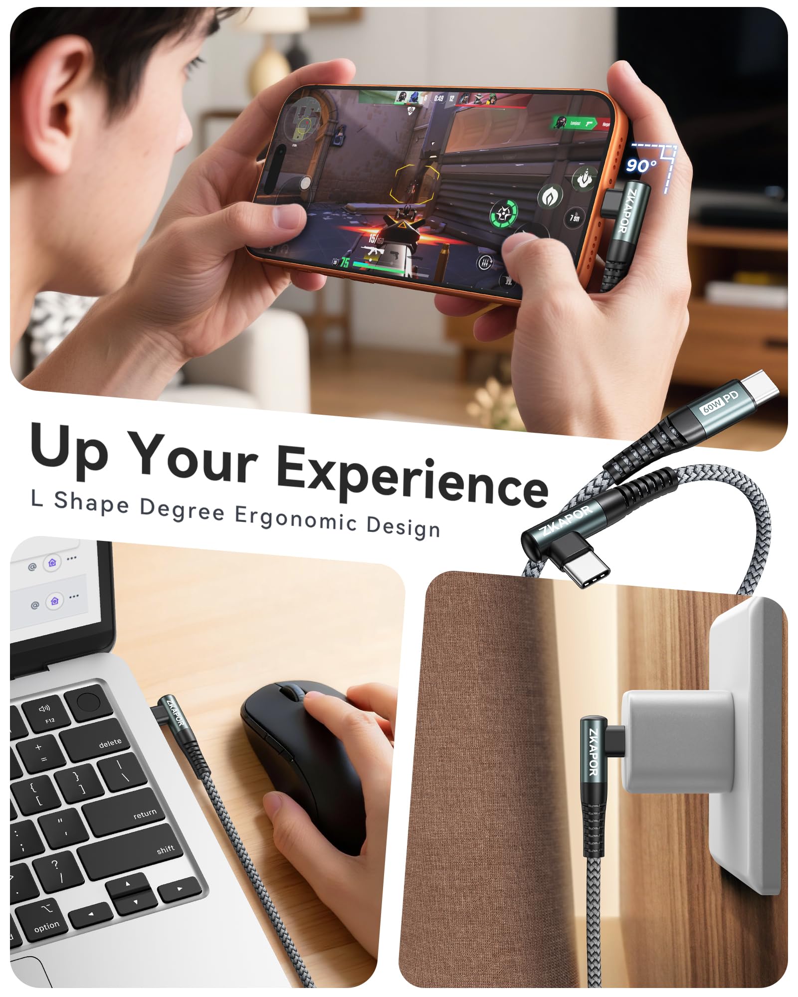 ZKAPOR Cavo USB C a USB C 90 Gradi [2Pezzi 2m] Cavo USB Type-C PD 60W Ricarica Rapida Cavo Tipo C Compatible con Samsung Galaxy S23/S22, Pad Pro 11''2020, Air 2020/2018, P40/P30, Pixel -Grigio