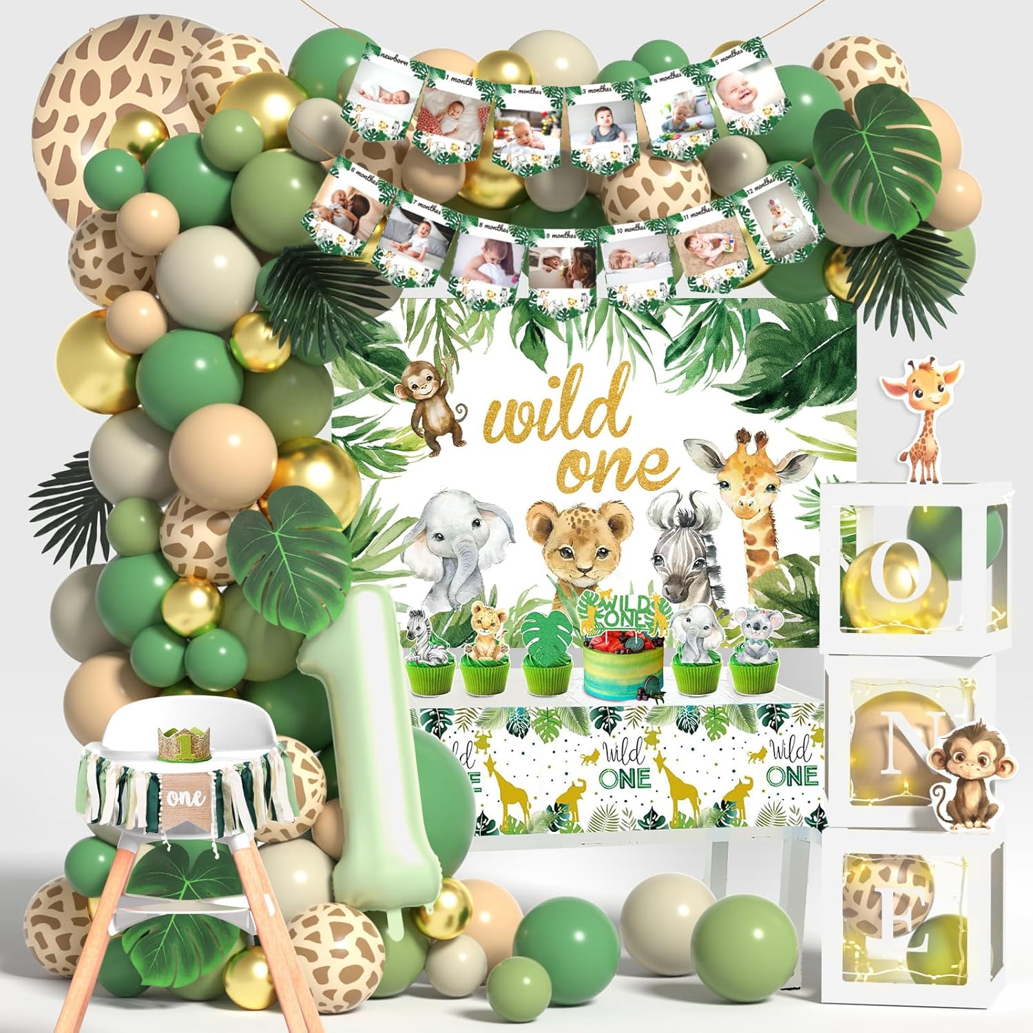 Wild One Birthday Decorations - Number 1 Balloons Sets for 1st Birthday Decorations with Sage Green Balloons Arch Kit ONE Box Jungle Safari Boys First Birthday Decor One Birthday Party Supplies