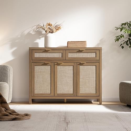 Miniatura 7 de SICOTAS Aparador de ratán con almacenamiento, armario bohemio de credenza con 3 puertas y 2 cajones, consola de granja cafetería para cocina, sala