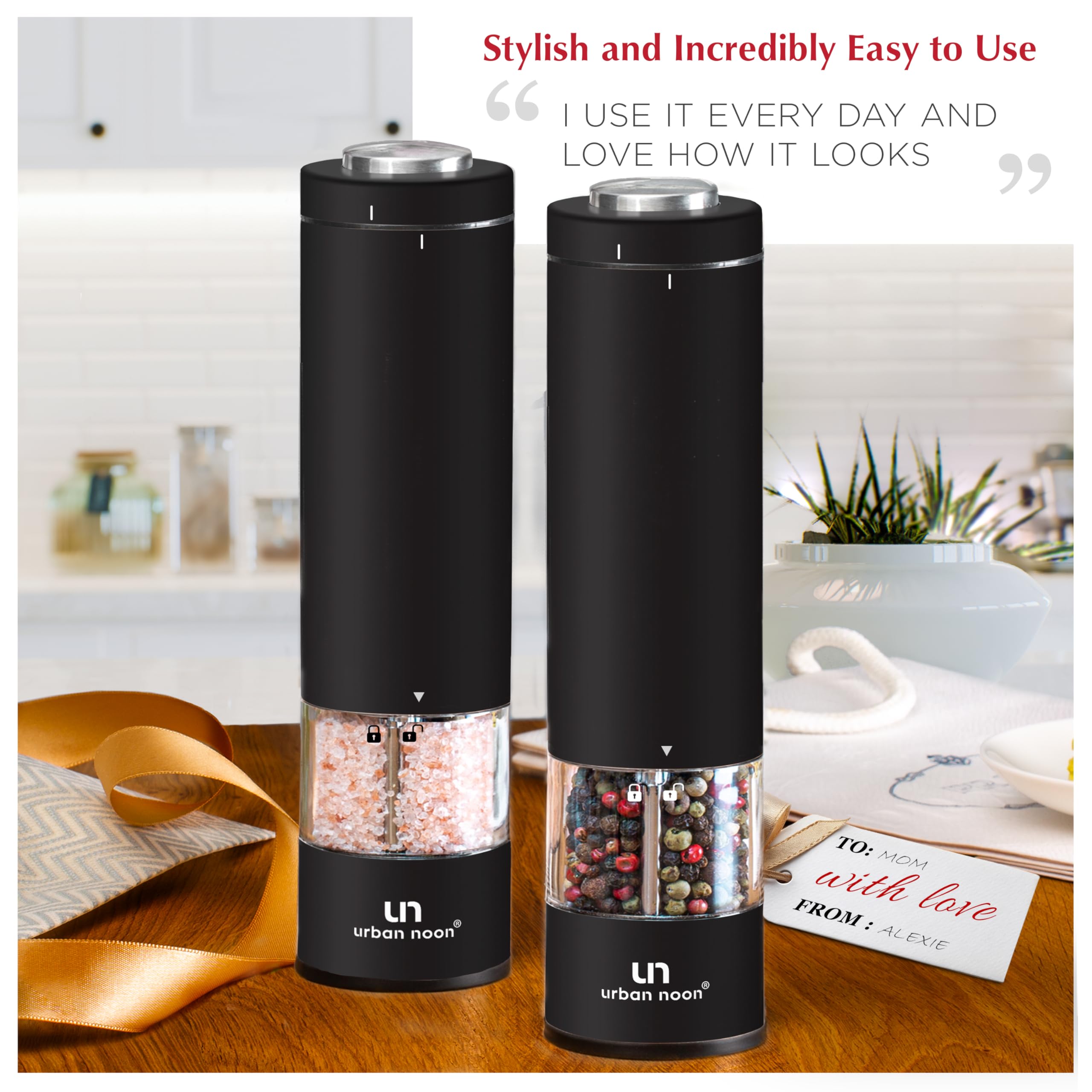 Elektrische Salz- und Pfeffermühle Set - Batteriebetriebene Edelstahlmühle mit Licht (2 schwarze Mühlen) - Automatische Einhandbedienung - Elektronische verstellbare Streuer - Keramikmahlwerke