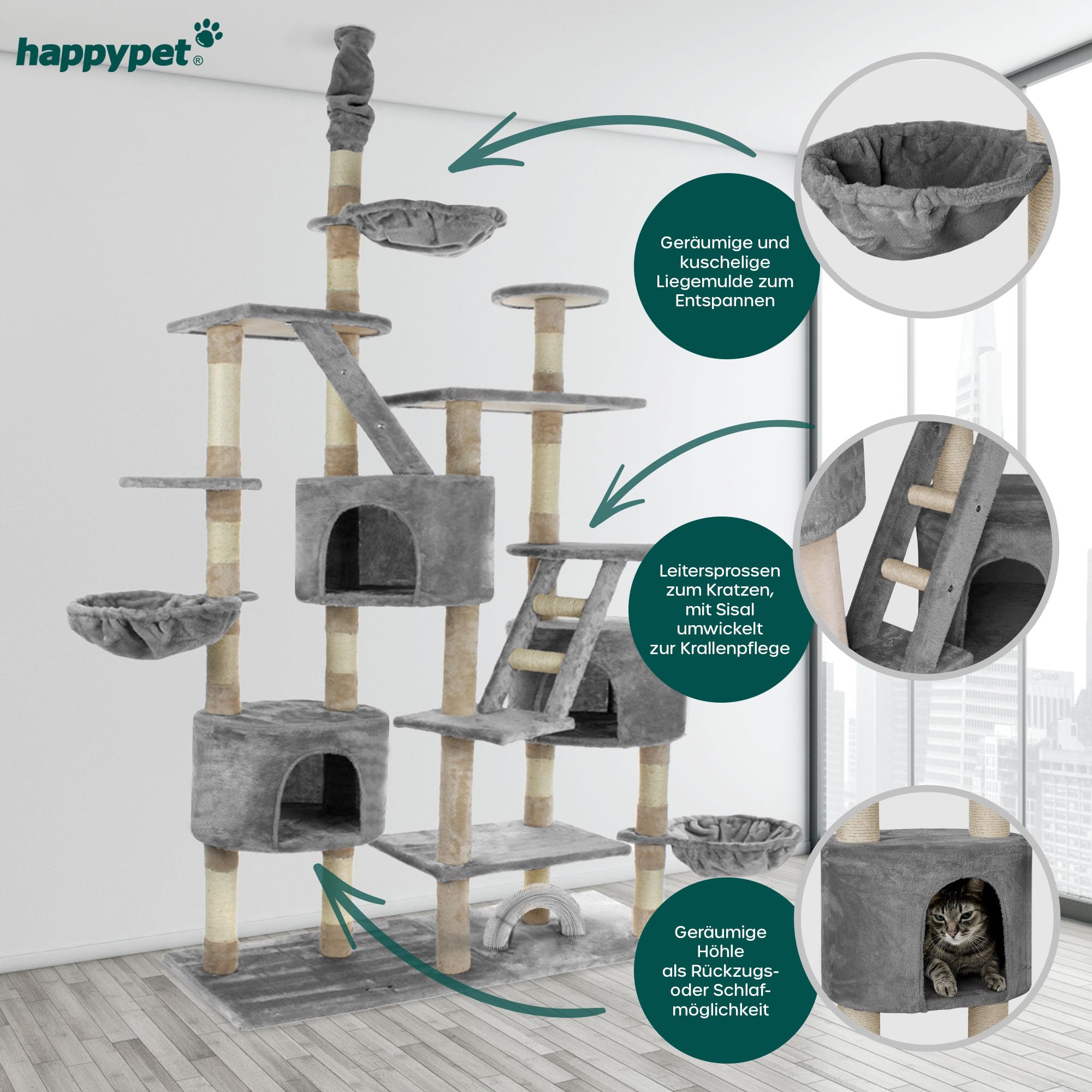 HAPPYPET Kratzbaum deckenhoch 260 cm hoch, Kletterbaum SAM – Großer XXL Katzenbaum Stabil für mehrere Katzen, stabile 8 cm Säulen, Liegemulden, Häuser, mit Zubehör, Grau