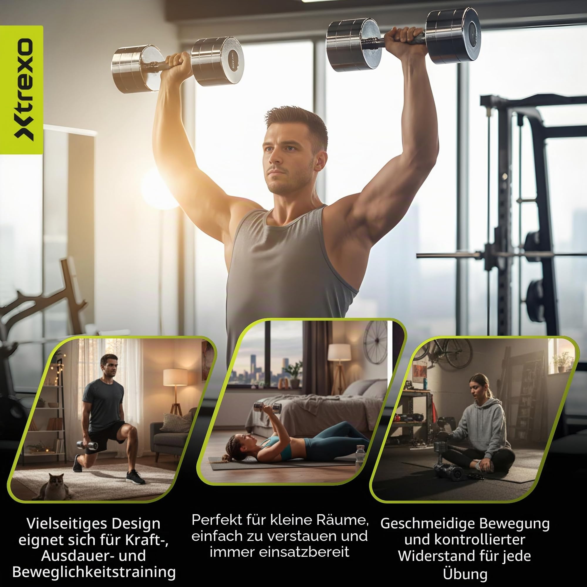 XTREXO Verchromte Kurzhanteln Set – 2er Paar (2.5–12 kg) – Stahlhanteln mit rutschfestem Griff, Chromoberfläche, Robust & Langlebig – Ideal für Krafttraining Zuhause und Fitnessstudio