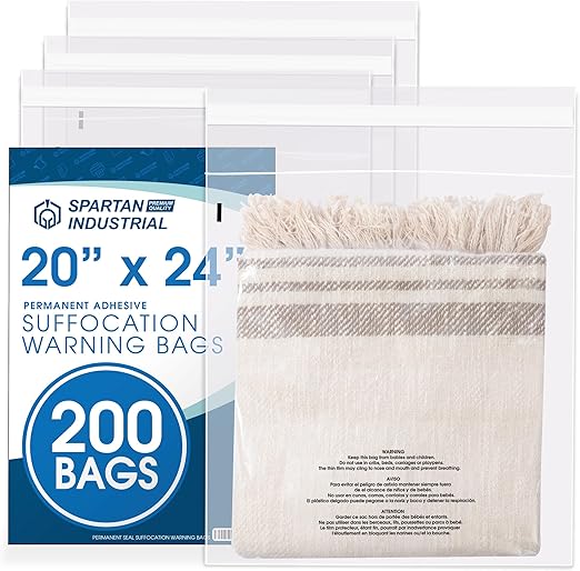 Spartan Industrial - 20" X 24" (200 Count) Self-Seal Clear Poly Bags With Suffocation Warning for Packaging, Bedding, Costumes - Permanent Adhesive