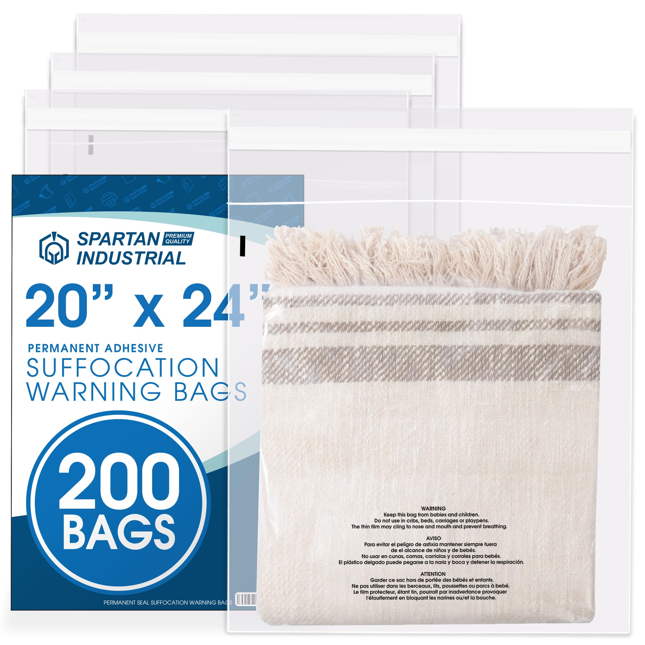 Spartan Industrial - 20" X 24" (200 Count) Self-Seal Clear Poly Bags With Suffocation Warning for Packaging, Bedding, Costumes - Permanent Adhesive