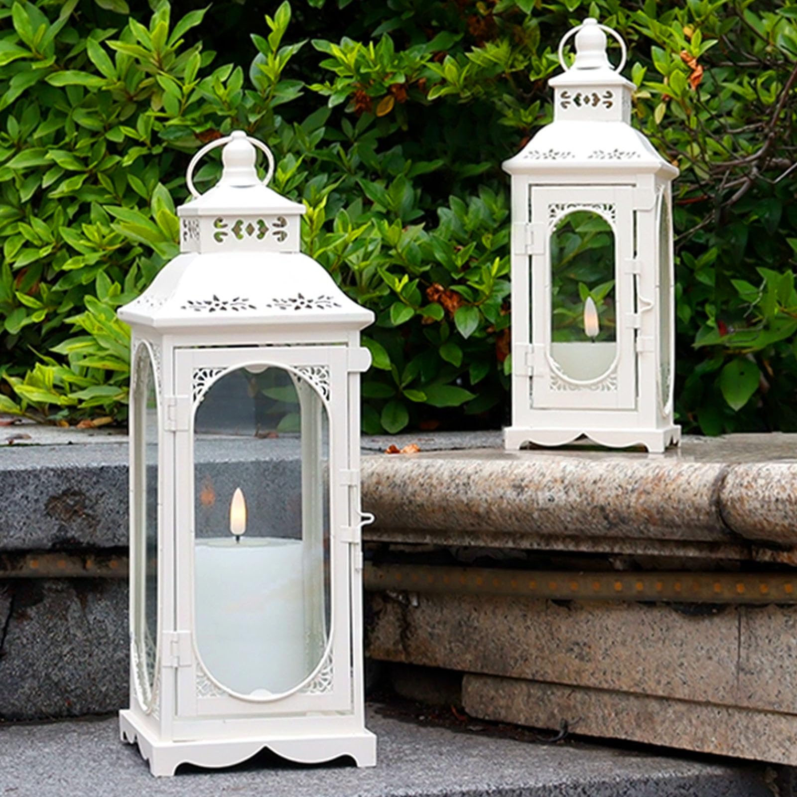 Juego de 2 linternas, metal blanco, linternas decorativas para interiores y exteriores | Lámpara de jardín retro de 34/50 cm, luz de viento, decoración del hogar, Navidad, Halloween, vela
