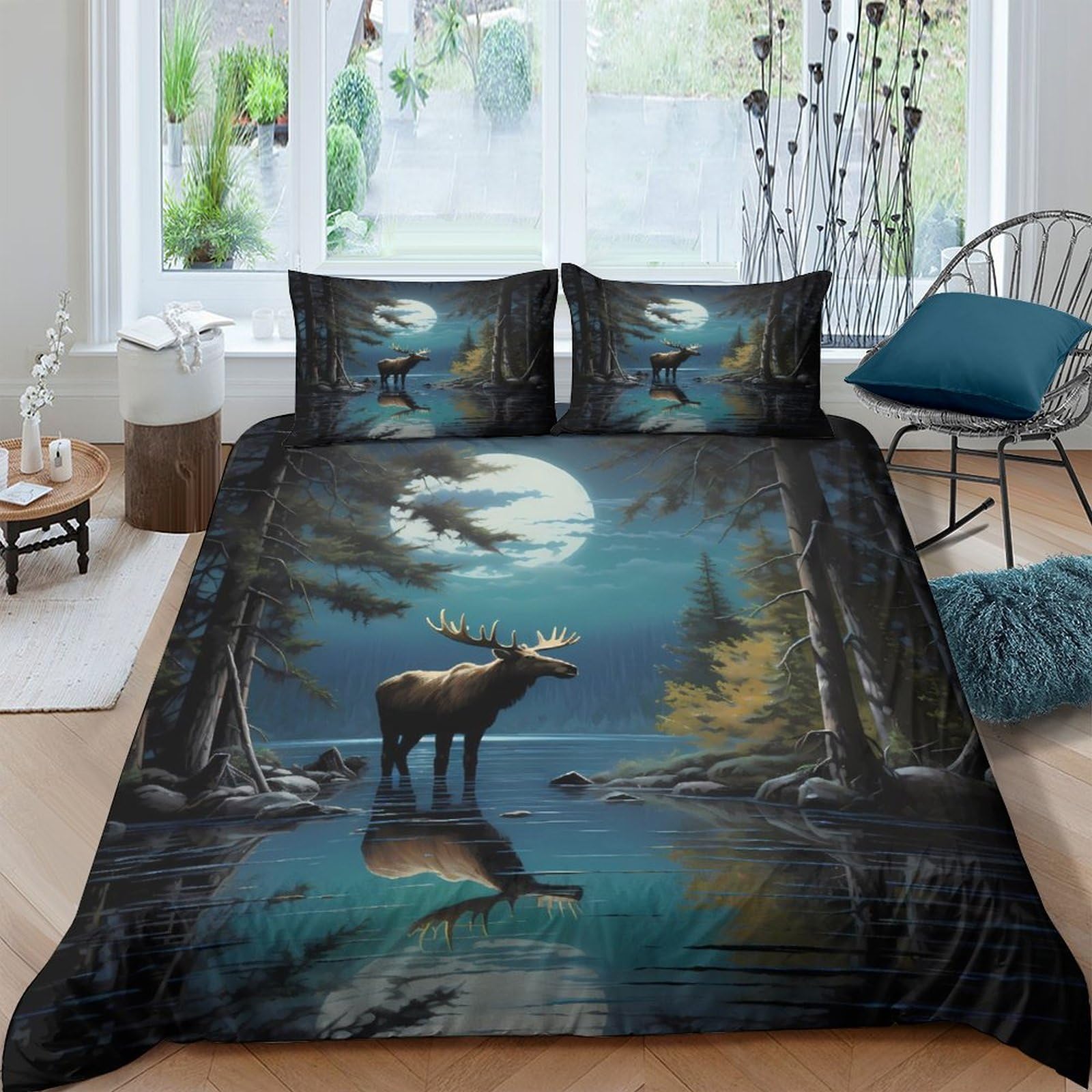 GPLZQXKJNH 3D Printed Forest Moose Duvet Cover Microfiber Soft Breathable Moon Lake Bedding Set with 2 Pillowcases for Bedroom Décor Single（135x200cm）