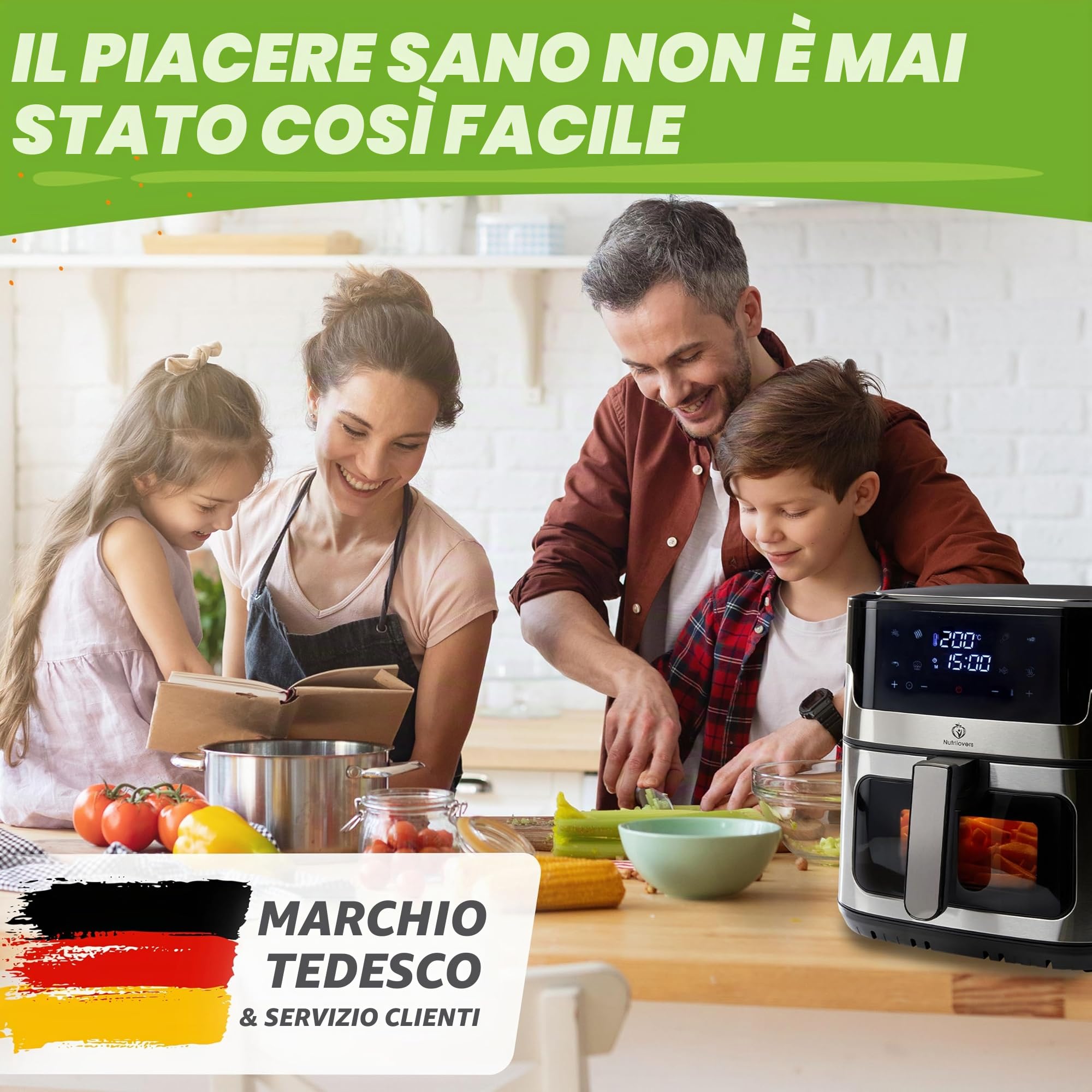 Nutrilovers NUTRI-FRYER - Friggitrice ad aria calda in acciaio inox, XXL, 8 l, 2000 W, con display touch a LED, tecnologia Double Heating, finestra di visualizzazione, patatine a basso contenuto di