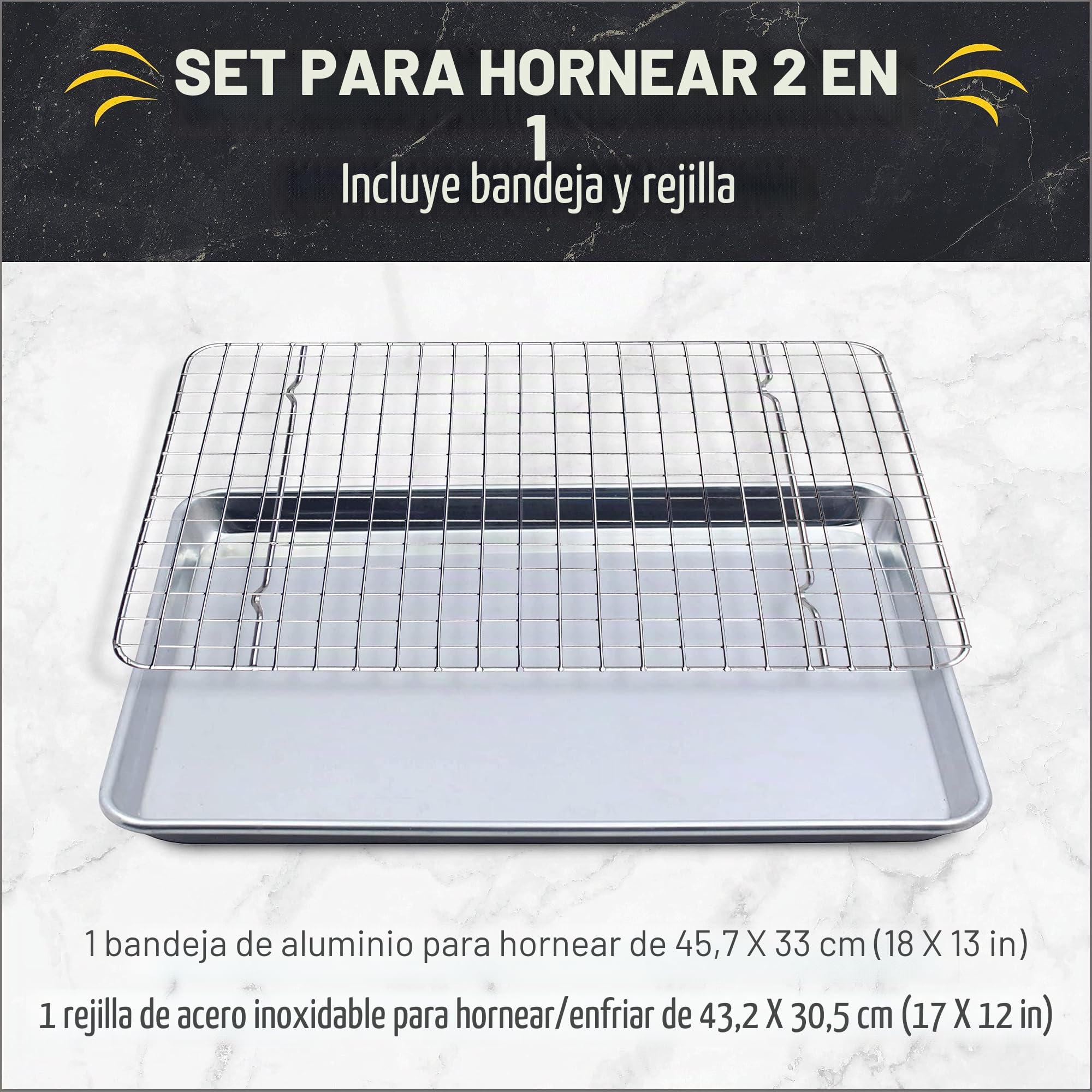 Bandeja de horno con rejilla de refrigeración, 46 x 33 cm, bandeja de aluminio y rejilla de acero inoxidable, ideal para galletas, pan y más