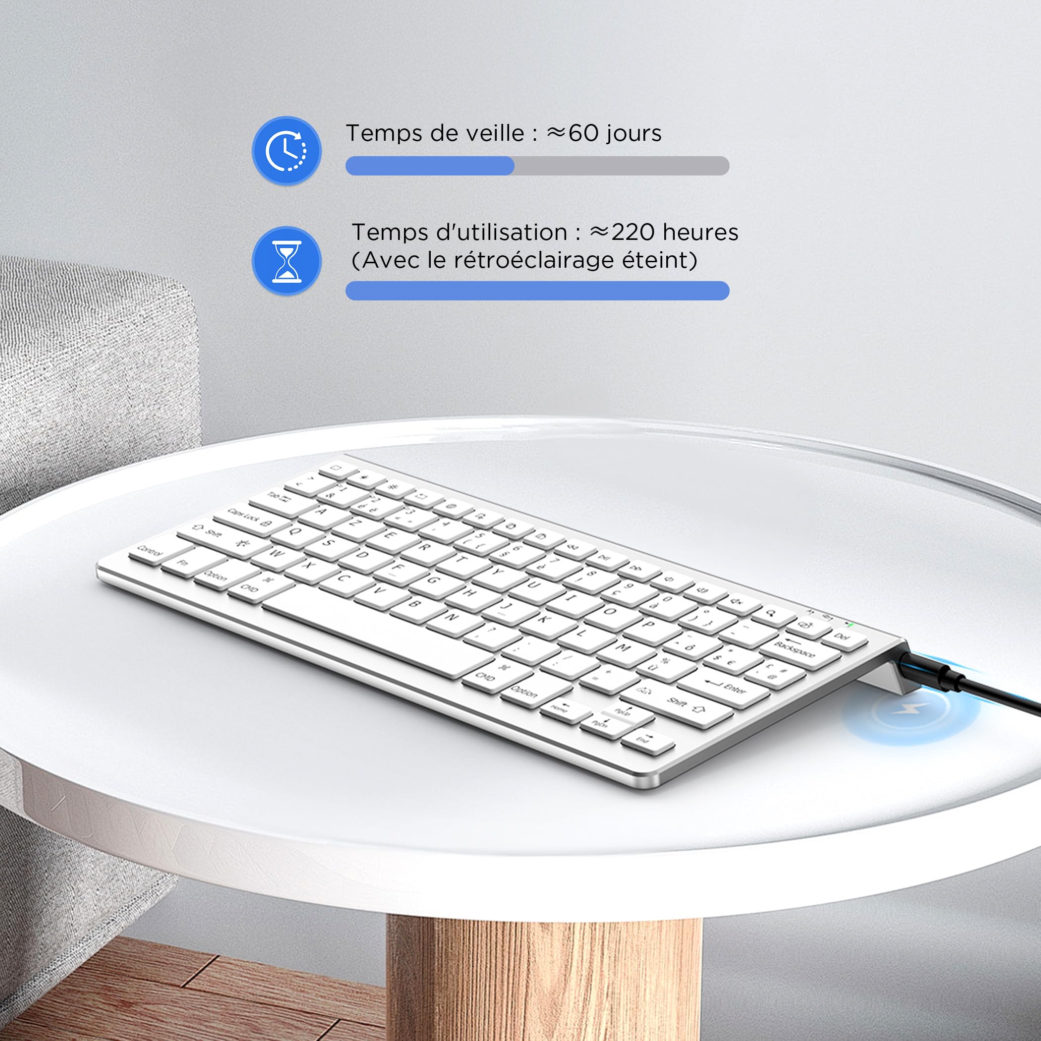 CACOE Clavier Bluetooth pour MacOS, iPadOS et iOS, Éclairage 7 Couleurs, Bluetooth 3 Canaux, pour iPad 10e Génération/iPad Air/Pro/Mac Mini, AZERTY Clavier Mac, Argent