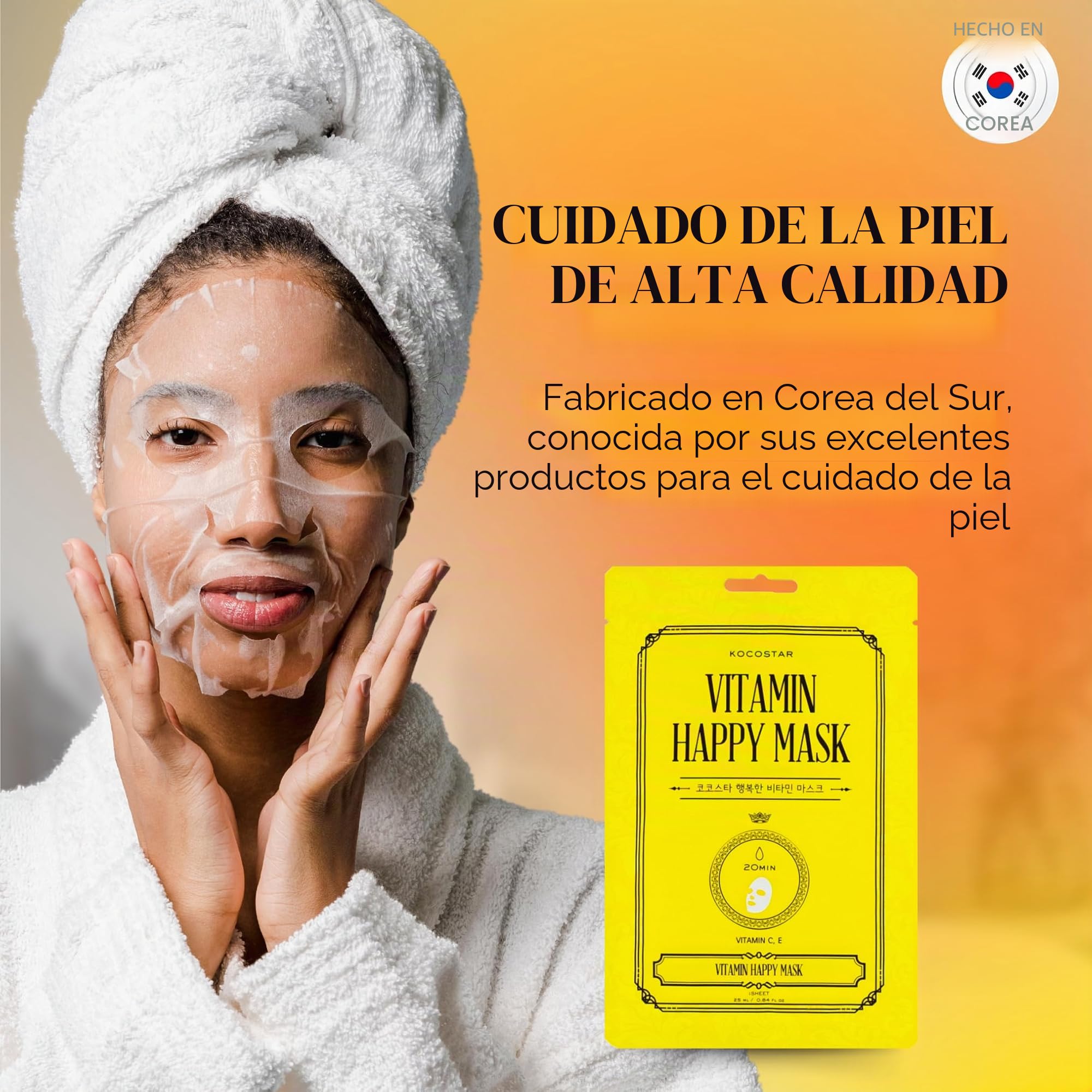 Kocostar I Caja 10 Unidades Vitamin Happy Mask I Mascarilla Facial Coreana I Con Vitaminas C y E y Antioxidantes I Protege Contra Radicales Libres y Fotoenvejecimiento