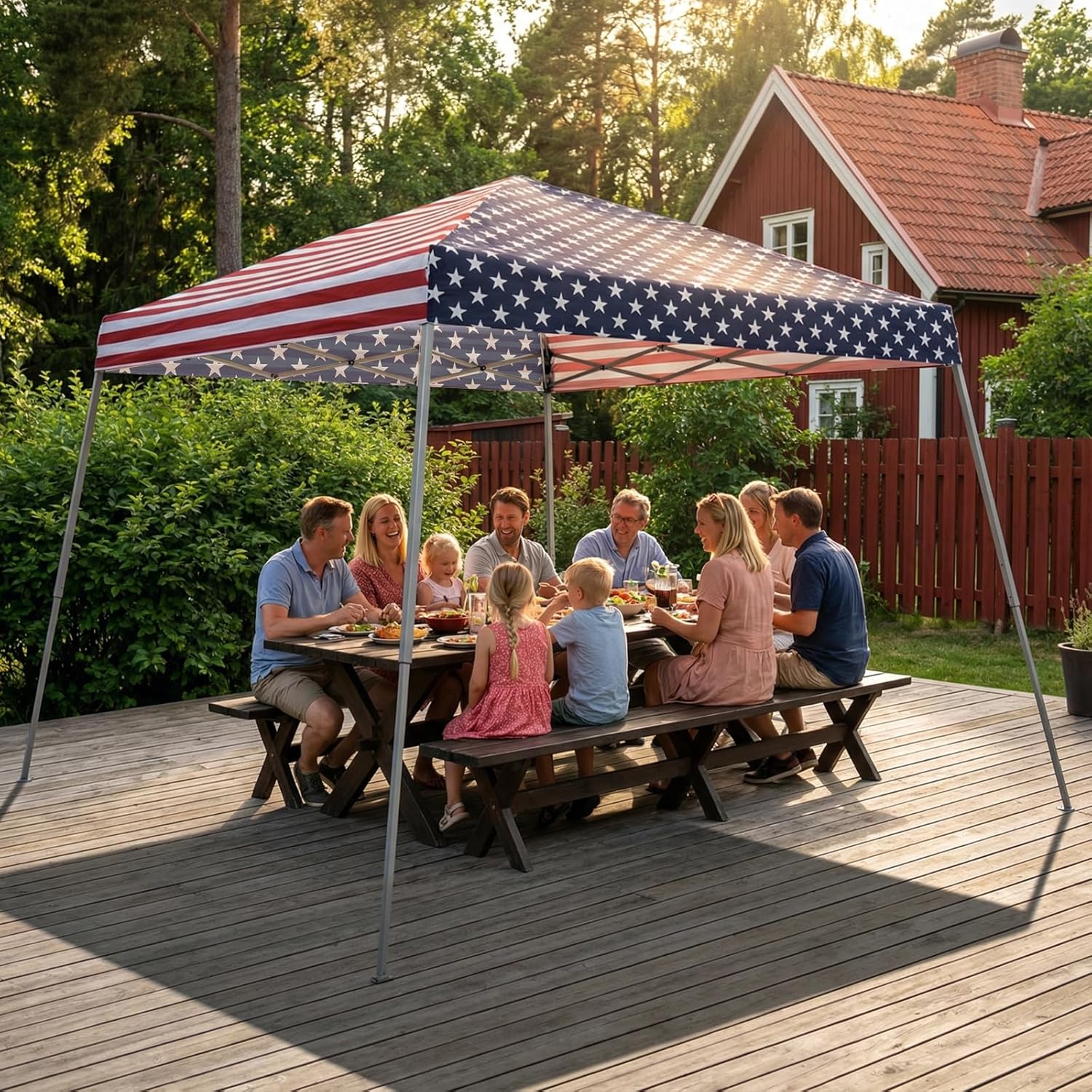 Canopy Tent, 10x10 Outdoor Canopies Slant Legs with Carrying Bag, Canopy Tent Sun Shade for Beach, Deck, Backyard, Garden, Patio (American Flag)