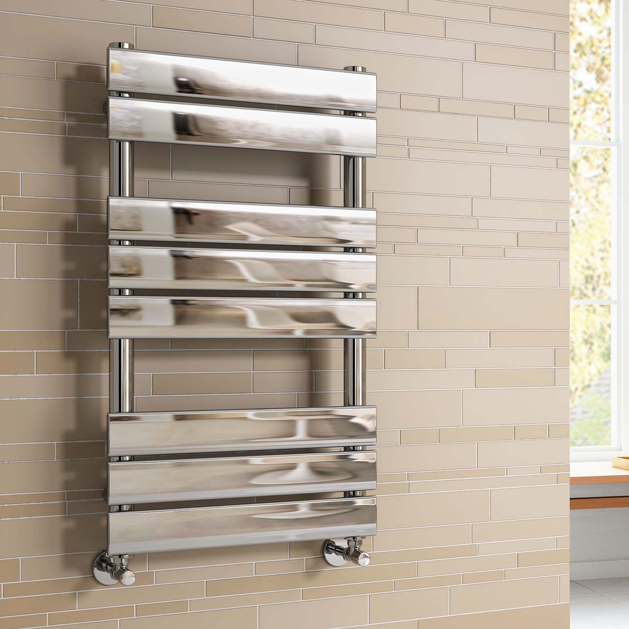 iBathUK Zerith Wall-Mounted Horizontal Single Slim Flat Panel Towel Radiator, 8 Column Steel High Thermal Output Hydronic Central Heating, Designer Heated Towel Rail in Chrome, 800 ร 450mm โ image 1