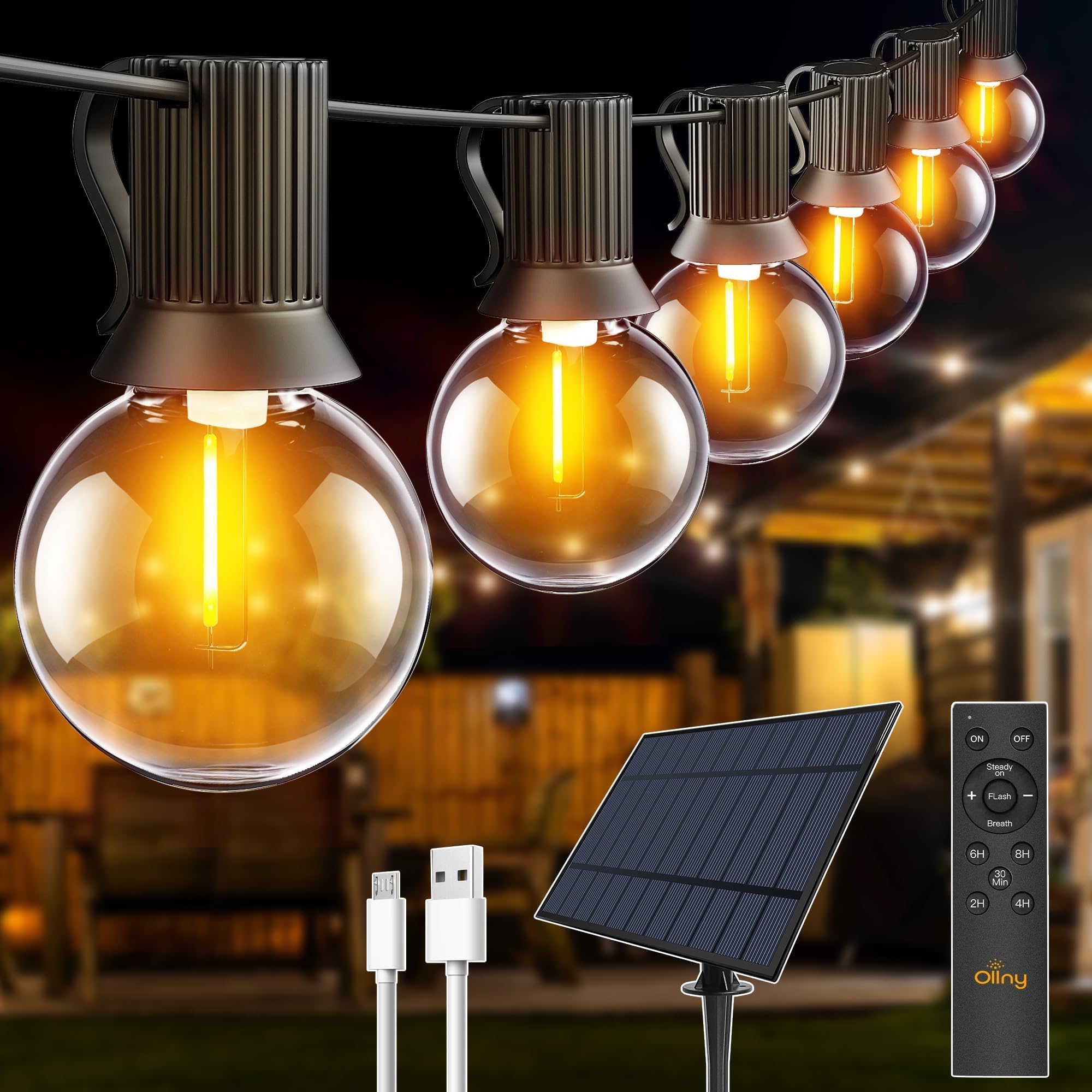 Ollny Solar Lights Outdoor Garden 30m Waterproof Festoon Light with Remote, USB LED String with 3 Modes 45+2 G40 Shatterproof Bulbs, Lighting for Outside Pergola Gazebo Patio Yard Porch Party Decor