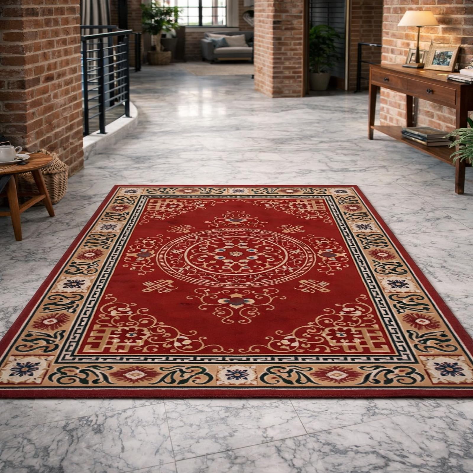 Tapis motif floral géométrique lavable 100x100 pour salon et entrée