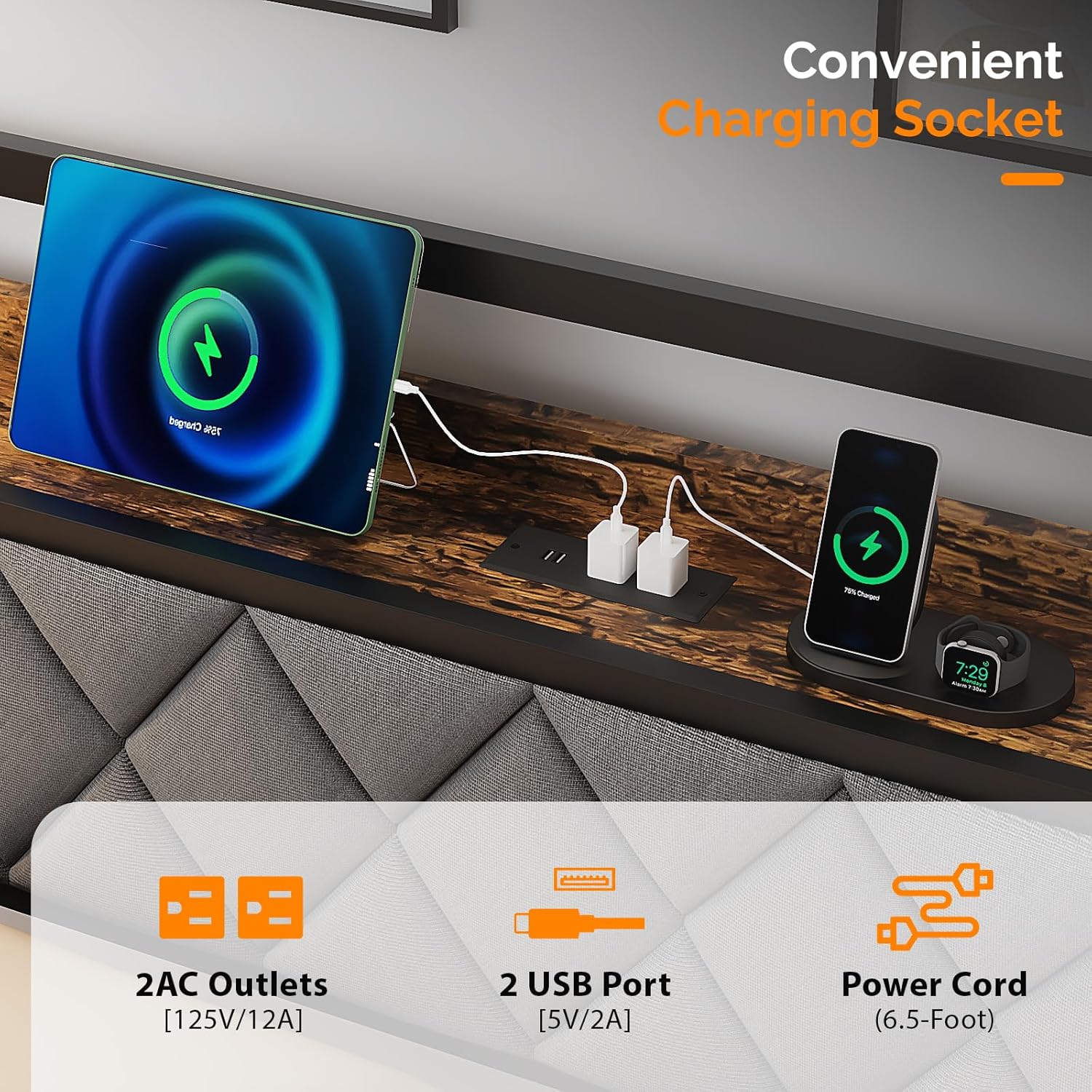 VINGLI Twin Daybed with Pop-up Trundle Bed, Day Bed with LED Light & Charing Station, Upholstered Bed Frame with Storage Headboard and Heavy Duty Metal Slats, Living Room, Bedroom, Guest Room, Gray