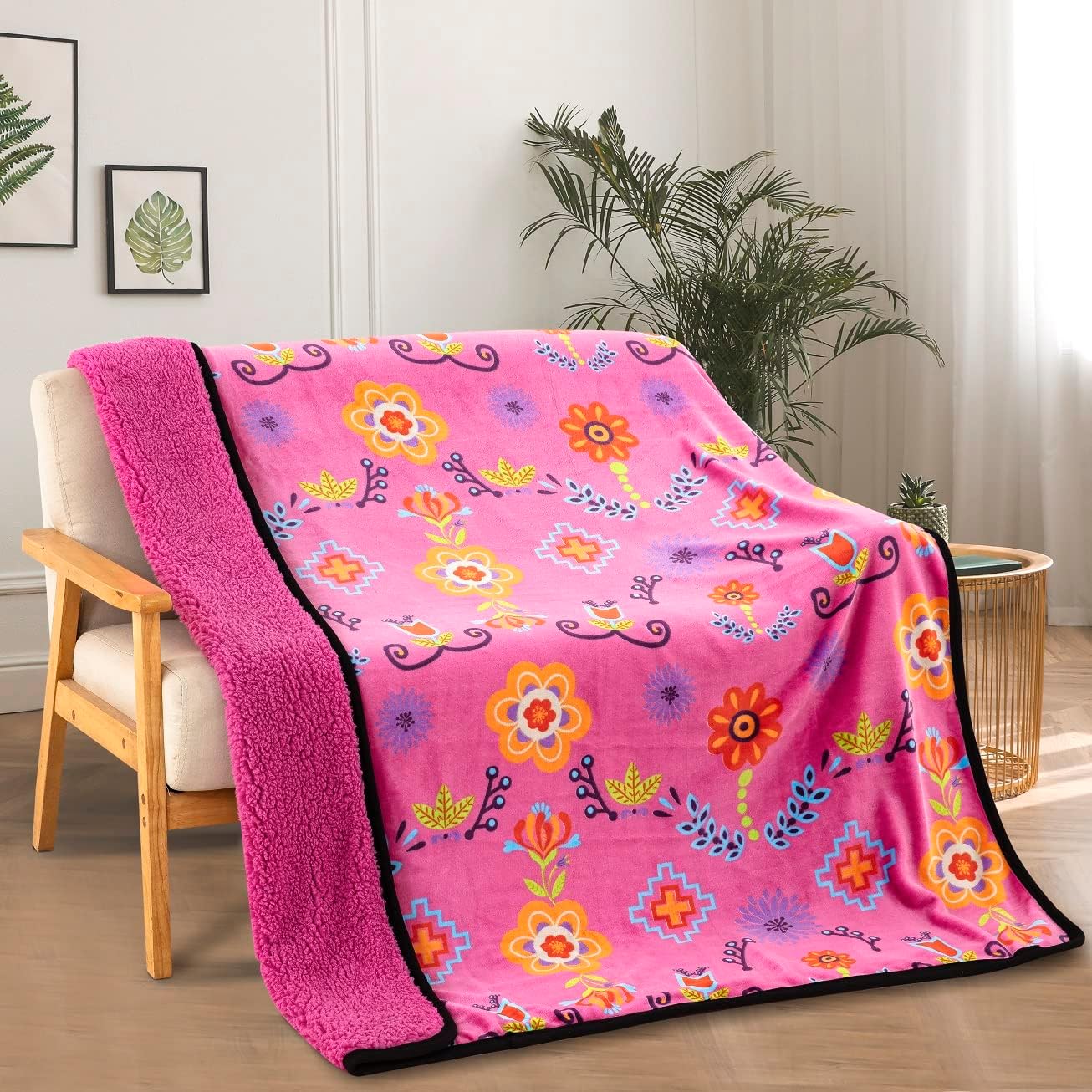 Sherpa Fleece Throw Blanket for Couch, Super Fuzzy Soft Double-Sided Cozy Plush Blanket Throw 50"x60" (Native Floral Design) (Southwest Navajo Print) (Pink)