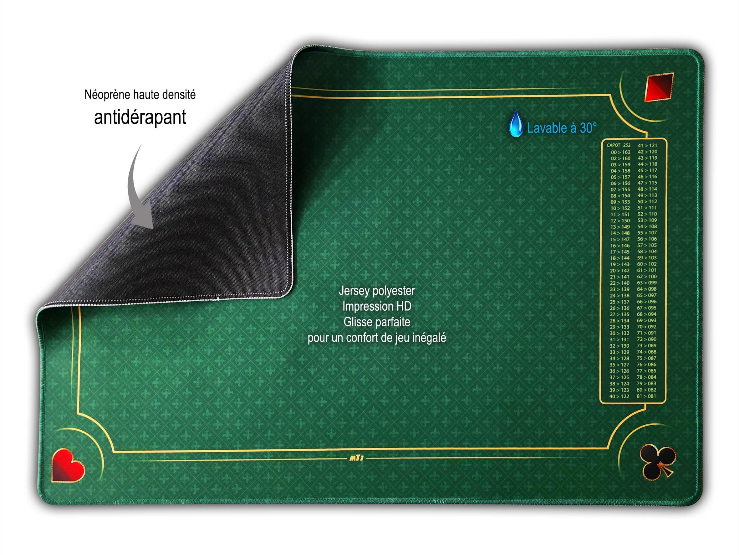 MTJ - Tapis Belote de Luxe Galonné - 60x40 cm - Matière Jersey Néoprène - Fabrication Française (Vert)