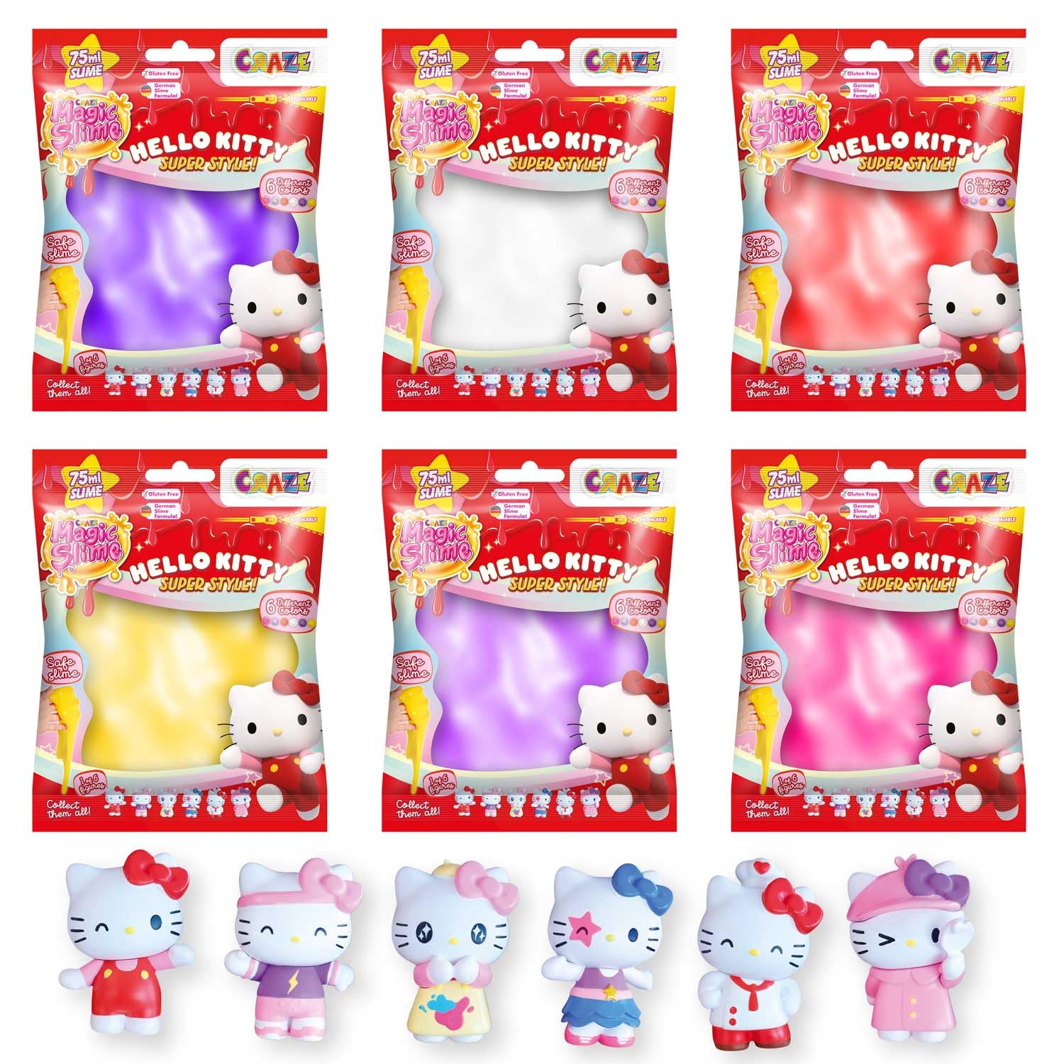 CRAZE Magic Slime Bag Hello Kitty 6 Pack: 6 Kids Bags, 6 Colors, Non-Toxic, Children's Set, No Residue, Purple, Orange, Yellow, White, Pink, Purple, Violet