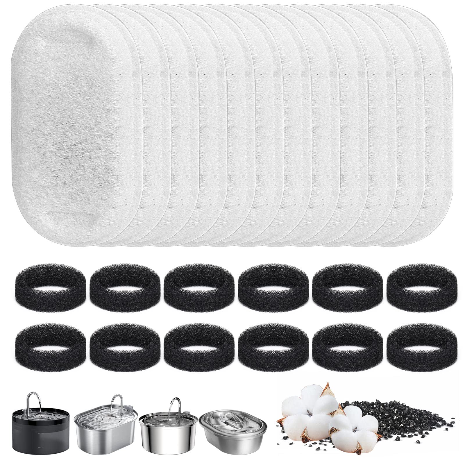 VORHOT 12+12 Piezas Filtros Fuente Gatos, Filtro para Fuente de Agua para Gatos Incluyen 12 Filtros de Carbono y 12 Esponjas de Espuma