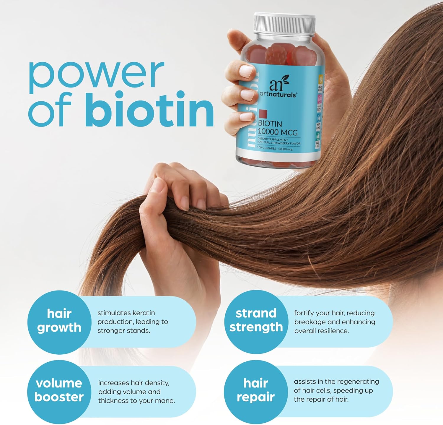 Artnaturals Biotin Gummies for Hair Growth - (100 Gummies - 10000mcg) - Natural Strawberry Vitamins Supports Nails and Skin - Gelatin, Gluten, Nut and Egg Free - Image 3