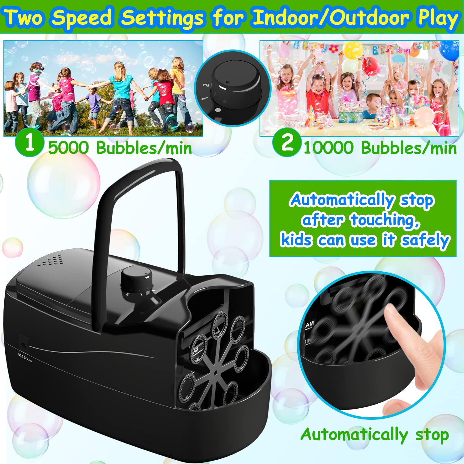 Bubble Machine Automatic Bubble Blower, 10000+ Bubbles Per Minute with 2 Speeds, 8 Wands Bubble Maker, Plug-in or Batteries Bubbles Summer Toys for Outdoor Indoor Party Birthday (Black)