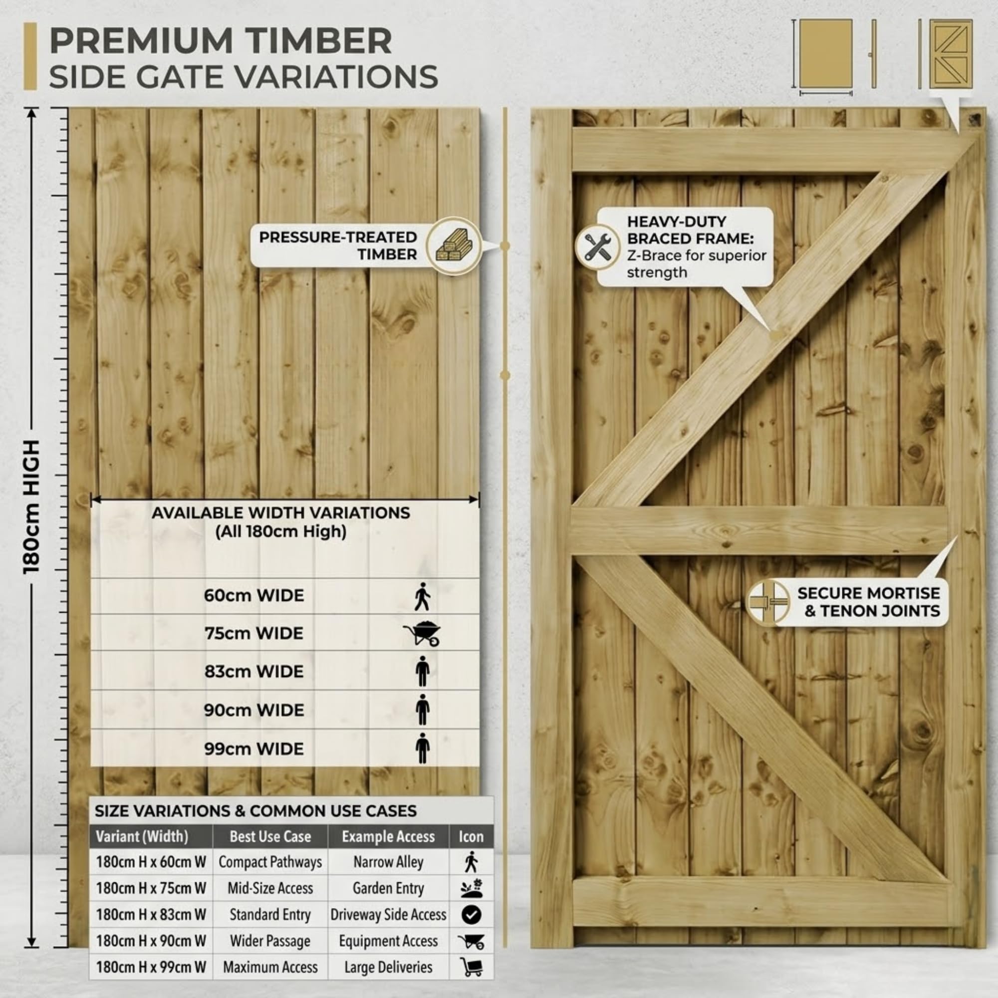 180 x 60cm Pressure Treated Wooden Garden Gate | Feather Edge Timber Side Gate | 6cm Thick Heavy Duty Outdoor Garden Door — view 2