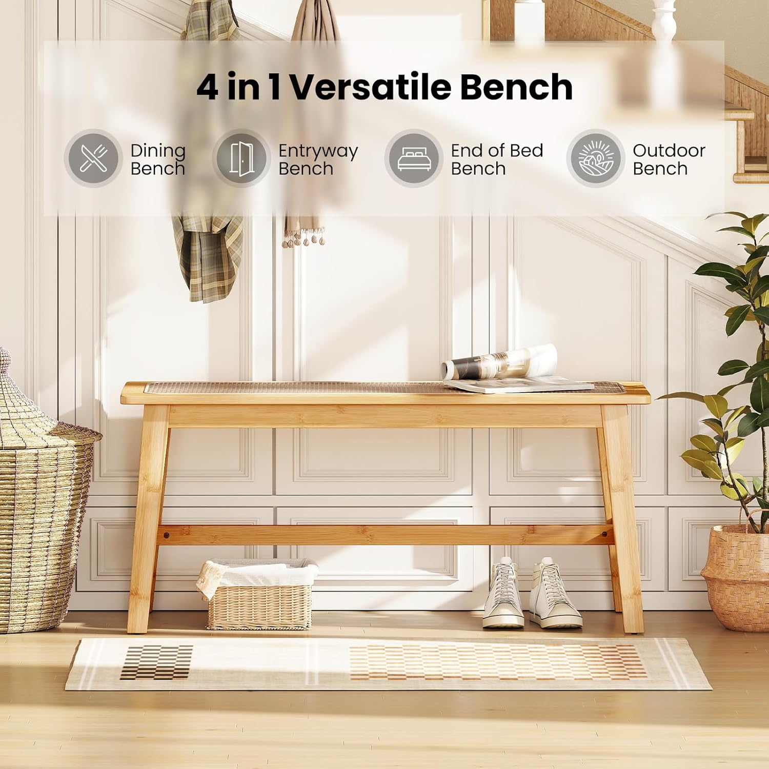 GOFLAME 39.5” Bamboo Dining Bench with Rattan Seat, Farmhouse End of Bed Bench for Bedroom, Boho Accent Bench Seat for Entryway, Living Room, Dining Room, 660 LBS Load Capacity