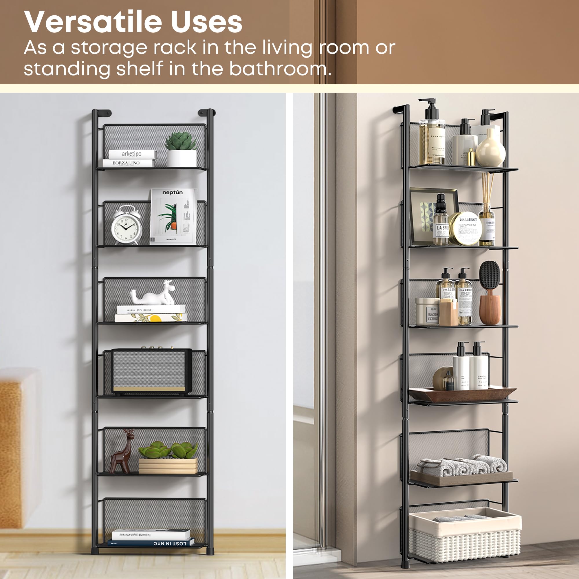Estante industrial de escalera montado en la pared, organizador de estantería de metal de 6 niveles, estantes flotantes modernos de 47.6 pulgadas para plantas, libros y decoración del hogar, 7