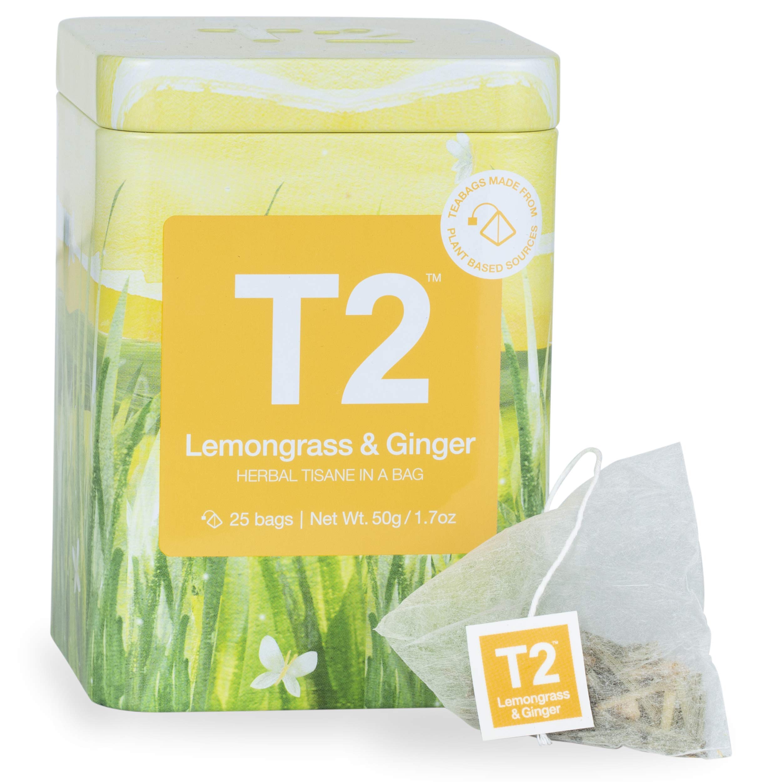 T2 Tea Lemongrass & Ginger, 25 Tea Bags in Tin - Great for Digestion & Colds, 50g