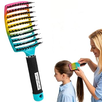 Detangling Brush Boar Bristle Hair Brush, Flexible Detangle Comb, Non-Slip Grip, Oversized Head, Suitable for Curly, Thick, Fine Hair, Unisex Children and Adults, Multicolor