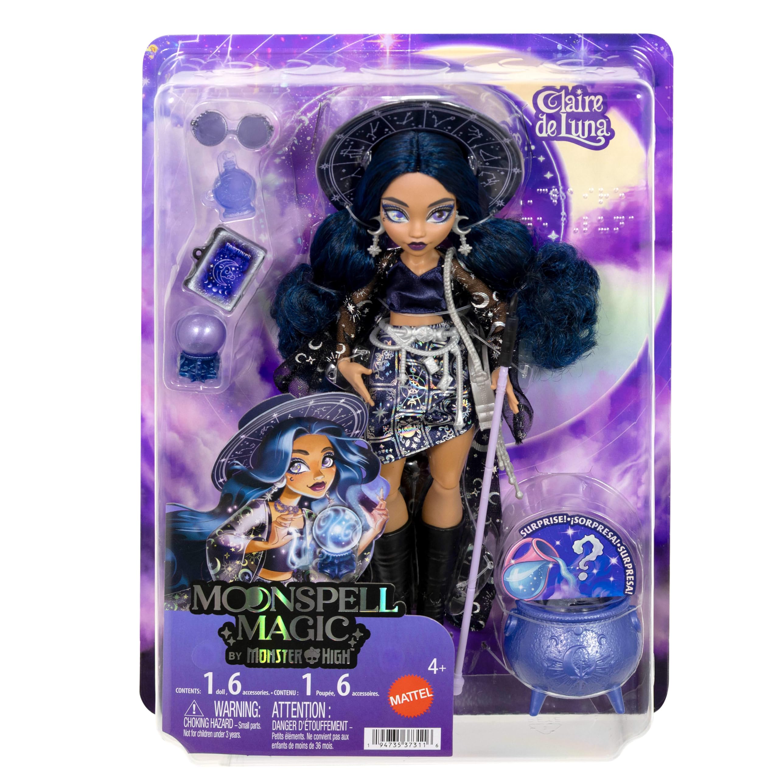 Monster High Puppe, Moonspell Magic by Wahrsager-Hexe Claire De Luna mit Überraschung im Kessel und Zubehörteilen wie eine Kristallkugel, JMB89