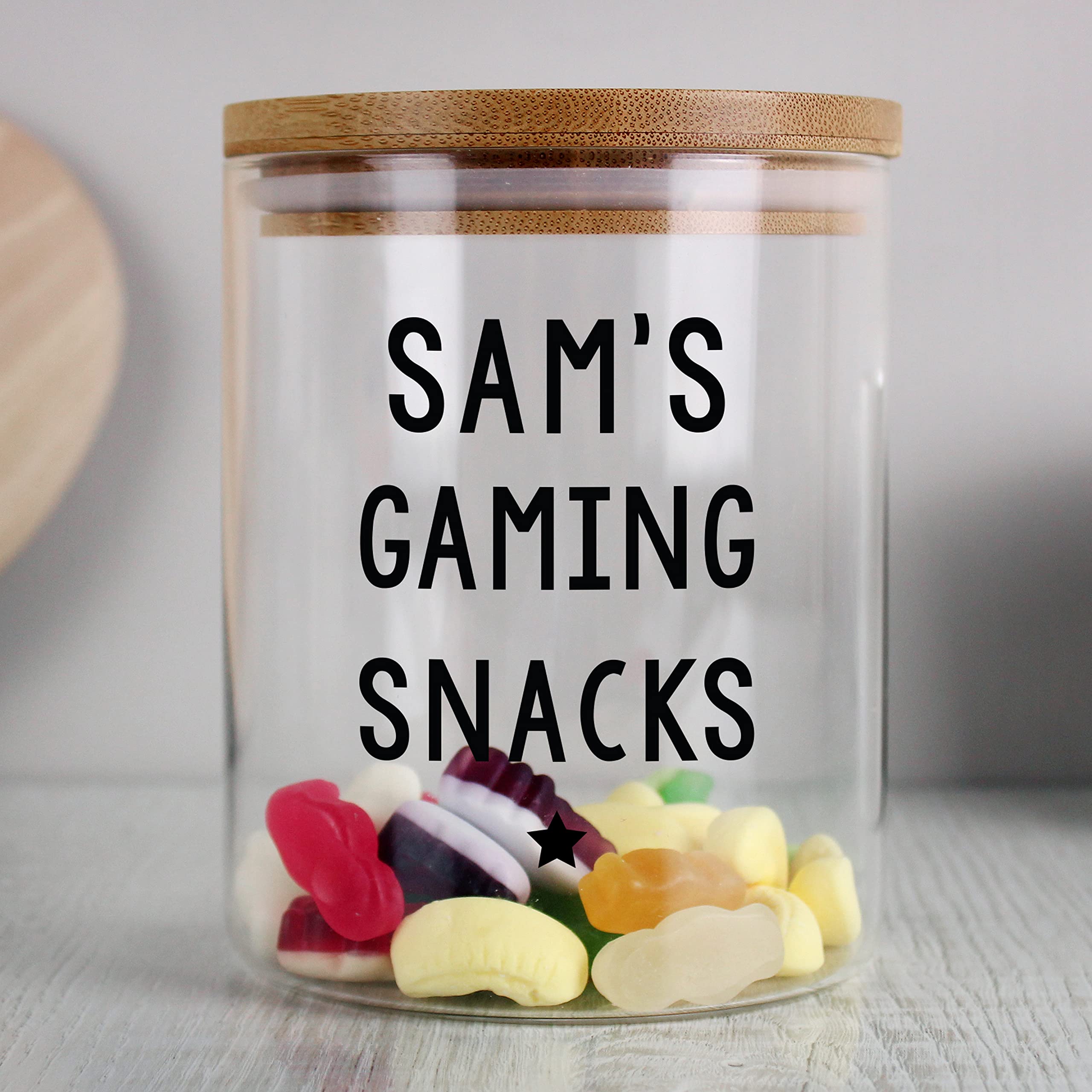 Personalised Free Text Glass Jar with Bamboo Lid - 13cm Tall, 10cm Wide