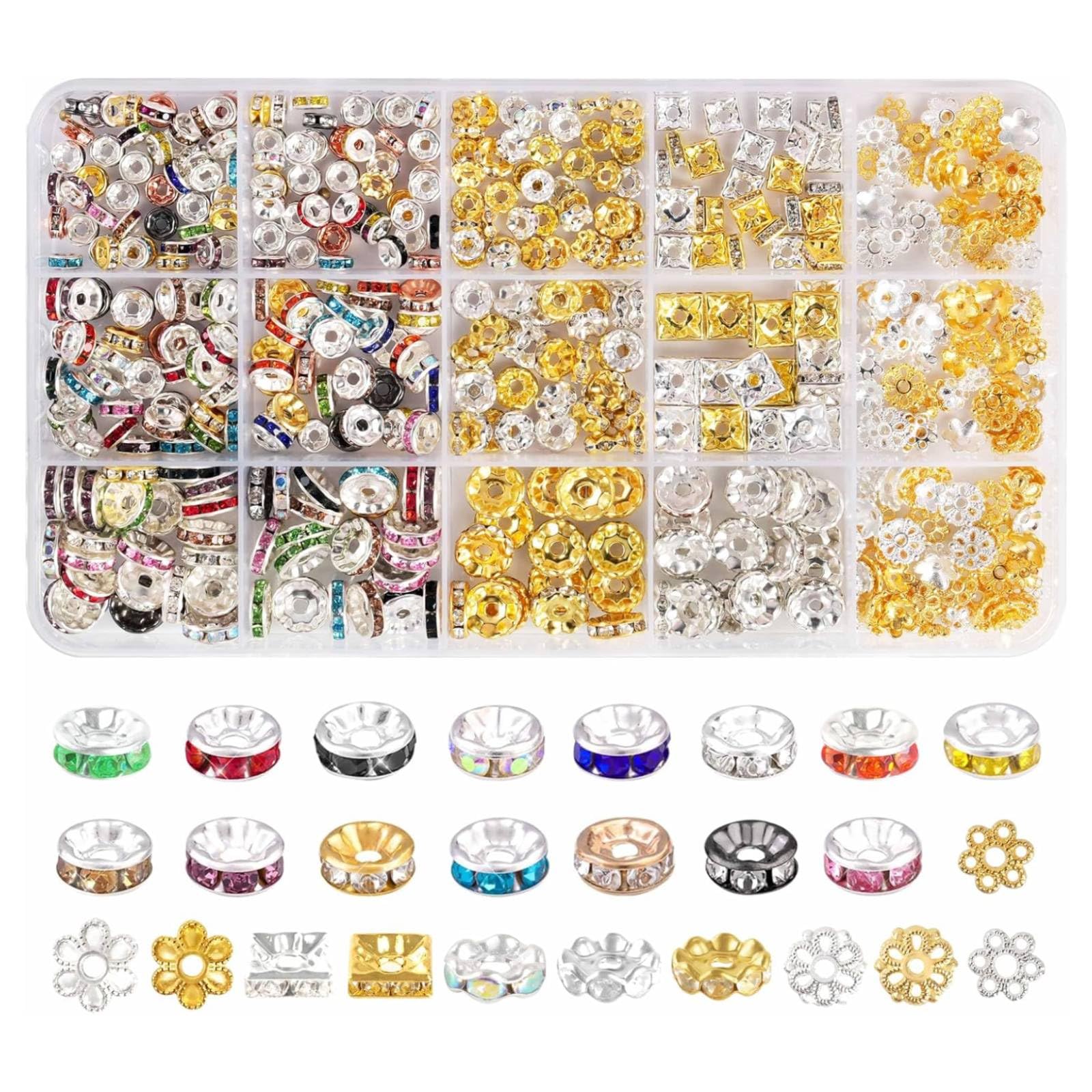 610 Pcs Rondelle Spacer Beads for Jewellery Making, Colourful Rhinestone Loose Beads Sparkle Crystal Beads for DIY Bracelets Necklace Earrings Crafts (6mm, 8mm, 10mm)