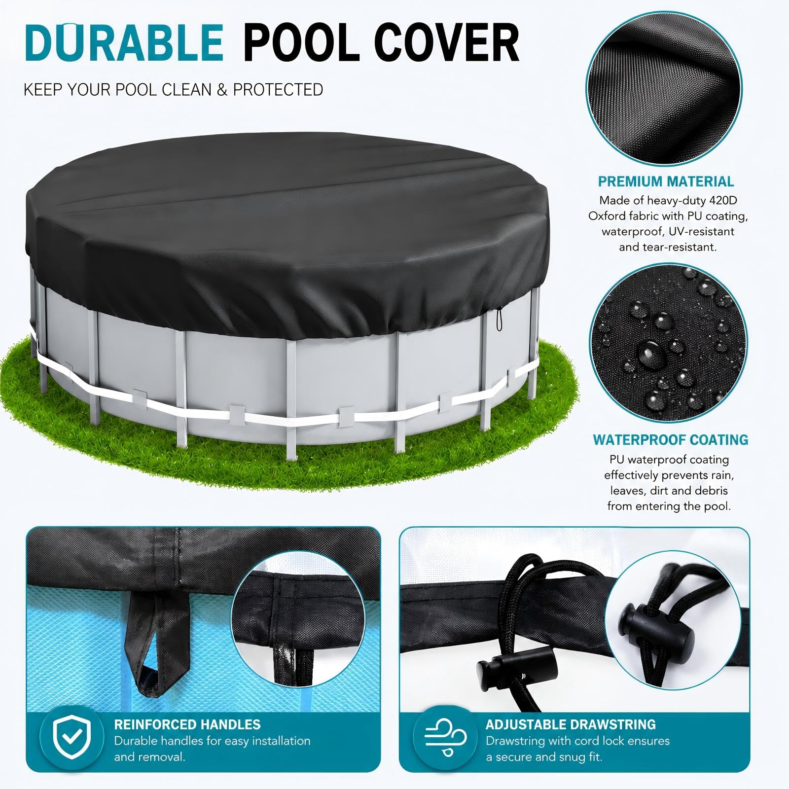 Cobertor Piscina Redonda 366, Tela Oxford 420D Cubre Piscina, Resistente al Agua, al Polvo y al Desgarro Cobertor Piscina Invierno con Cuerda, Estacas para el Suelo y Bolsa de Almacenamiento