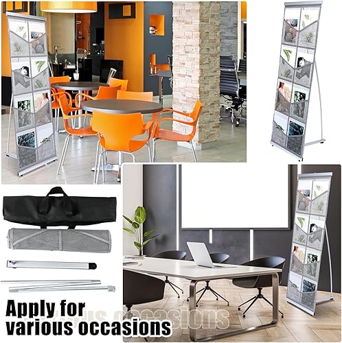 Miniatura 7 de Outus 2 soportes de malla para folletos de literatura con 8 bolsillos, portátil, para revistas, revistero enrollable, ligero, de pie, catálogo de