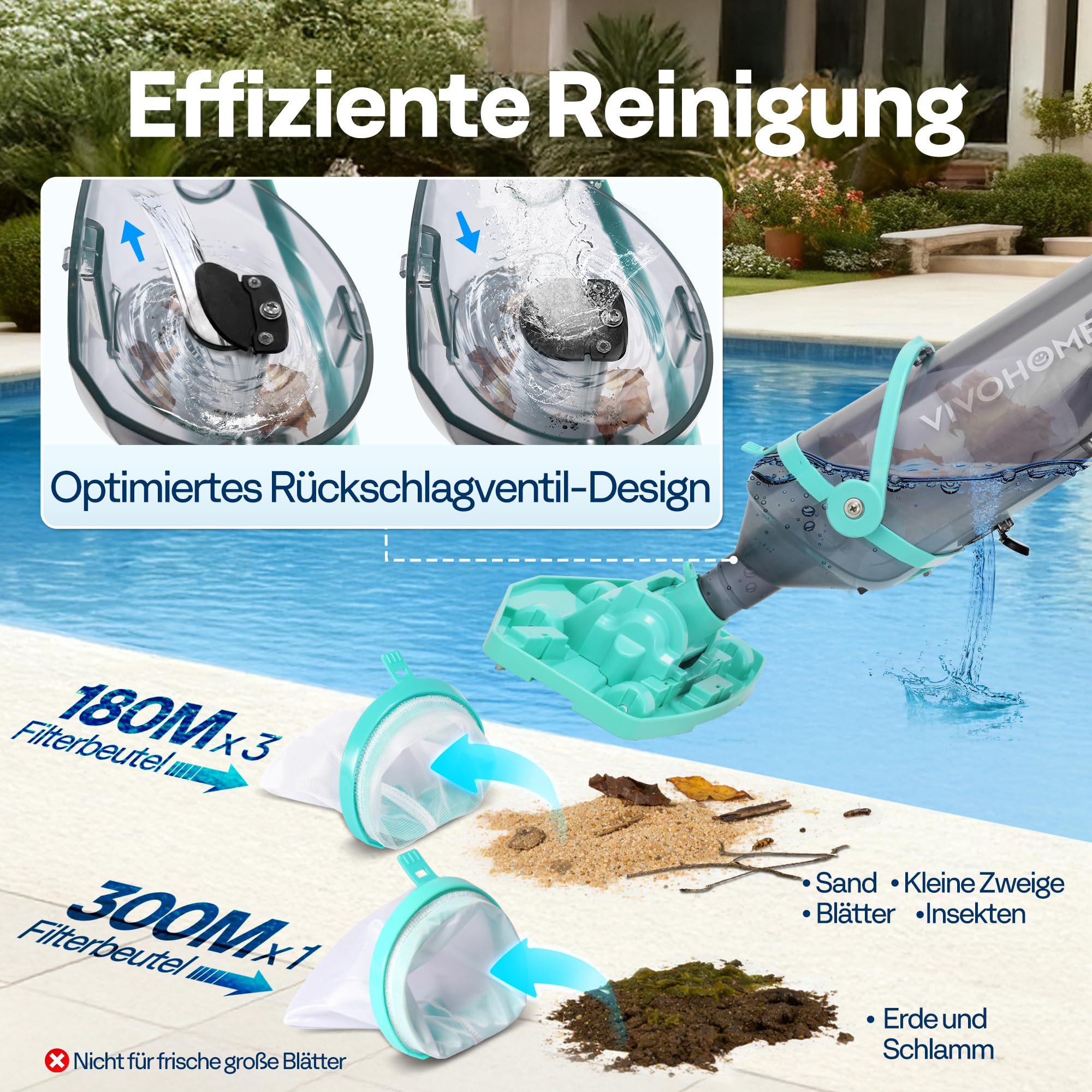 VIVOHOME 213cm Kabelloser Poolsauger Absaugung bis zu 70LPM tragbar Poolreiniger mit 4 Filterbeutel für Pool Whirlpools Schwimmbad und Spa