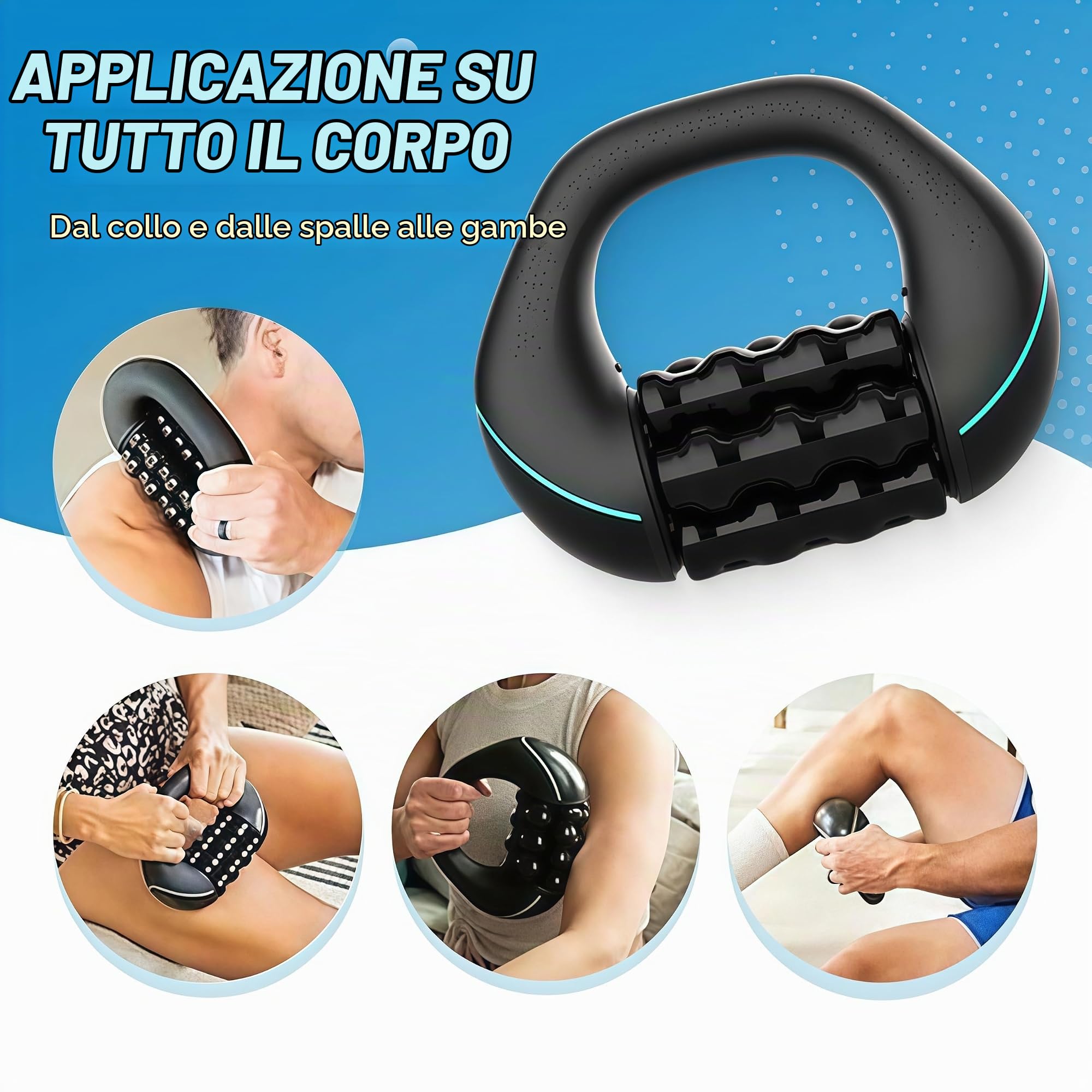 Massaggiatore Elettrico a Rullo Manuale, Rullo Massaggiante Elettrico con Manico, Riduce Tensione Muscolare, 3 Livelli di Intensità, Ricaricabile, per Schiena, Collo e Gambe