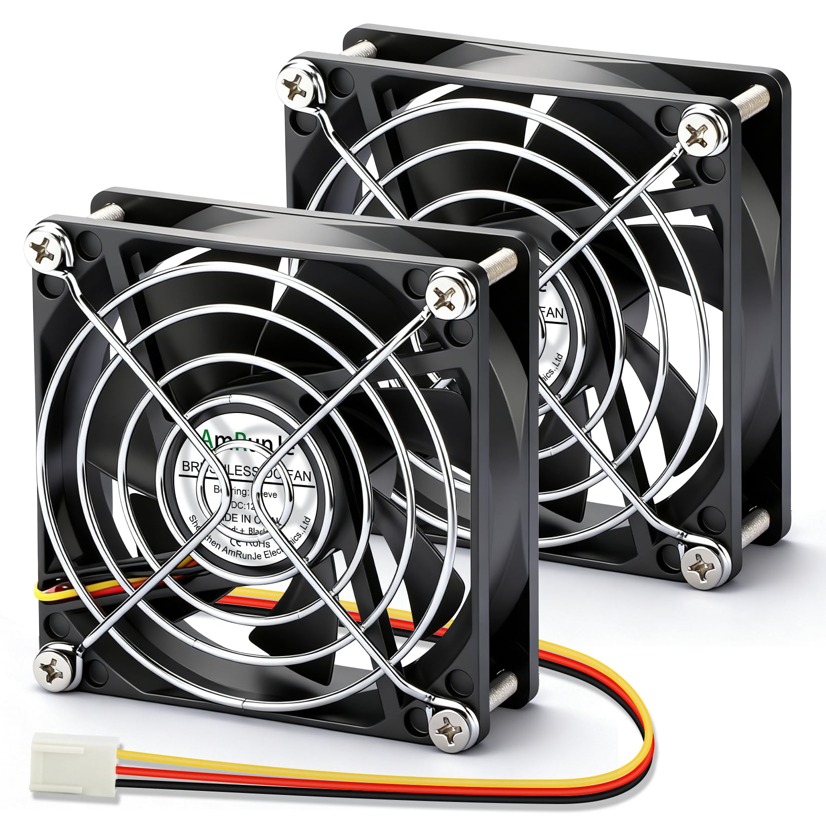 Bürstenloser Lüfter, 80 mm x 15 mm, Gleichstrom, 12 V, 3-polig, Geschwindigkeitsregelung, hohe Leistung für PC-Gehäuse, Computer, Wohnmobil, Kühlschrank, CPU-Kühler, Batteriebox, NAS, 2 Stück