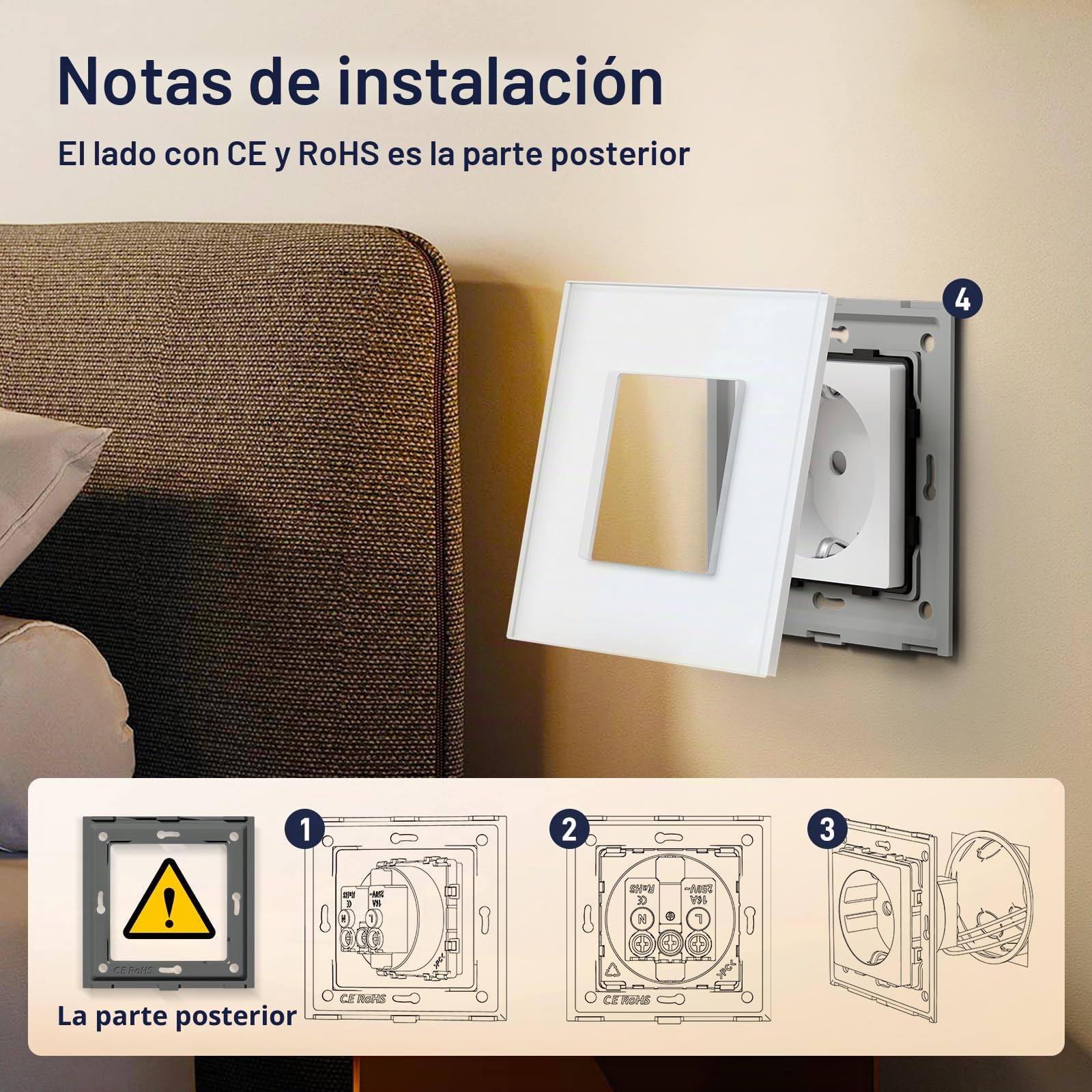 BSEED Enchufe de Pared,Schuko Enchufe Simple con Panel de Cristal Blanco,16A 250V Toma de Corriente Simple,1 Gang Enchufes de Extensión para Cocina,Dormitorio,Oficina,Hotel,etc-86mm*86mm