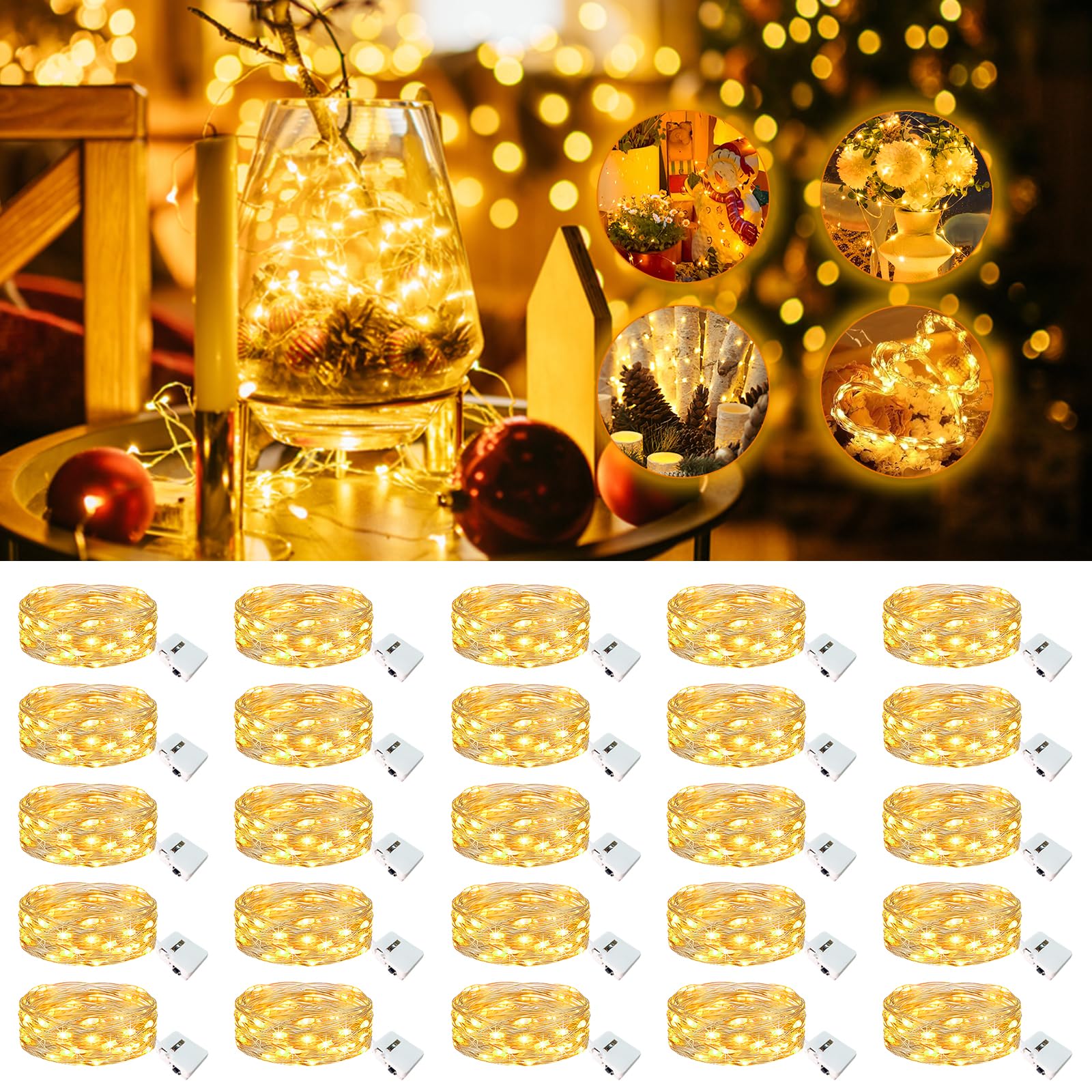20 Pack Fairy Lights Battery Operated - 7ft 20 Led Twinkle Lights 3 Modes, Bulk Mini String Lights Waterproof for Mason Jars Vases DIY Party Wedding Mothers Day Decoration-Warm White