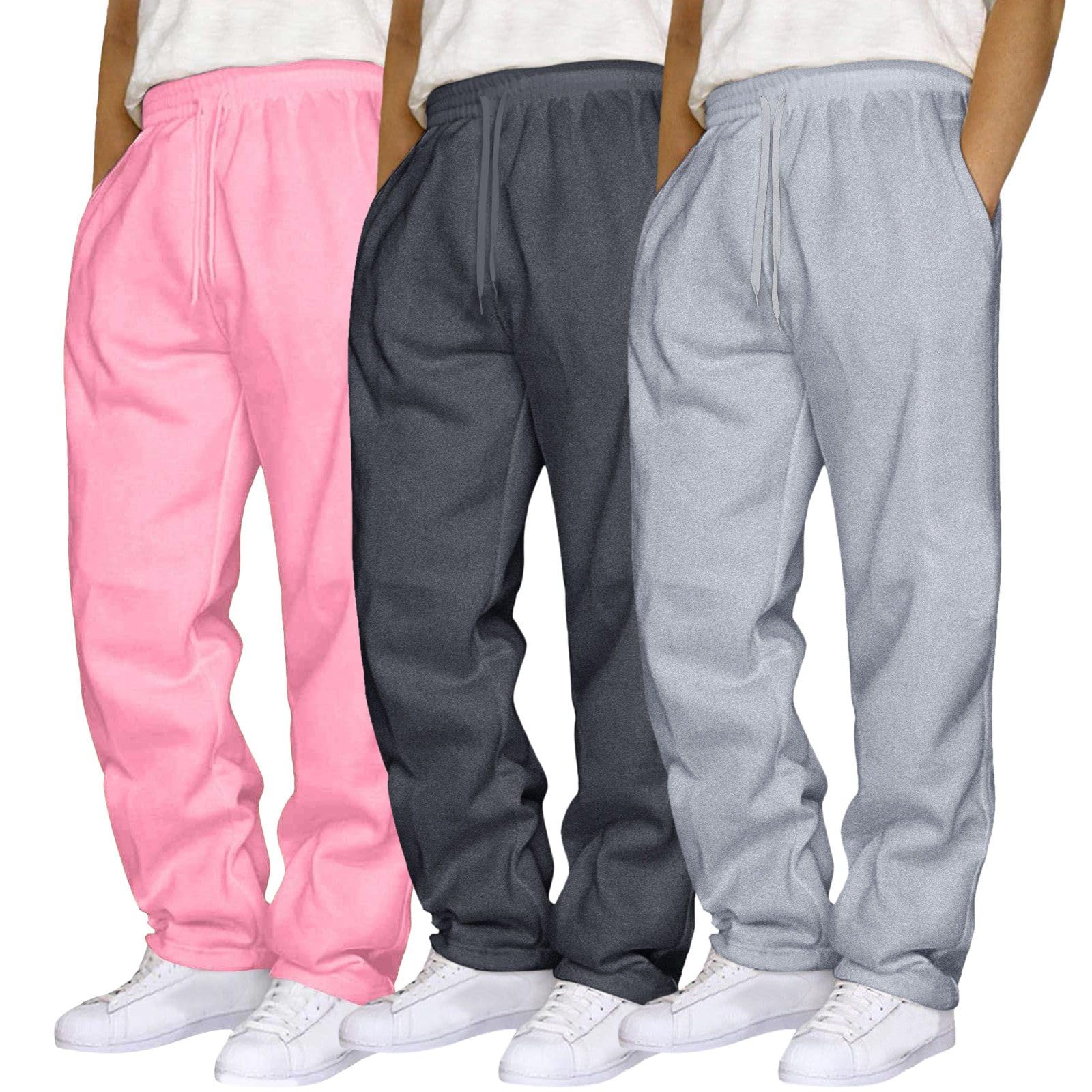 BFYSFBAIG Joggers for Men UK 3-Pack, Elastic Waist Tracksuit Bottoms Open Hem Wide Leg Trousers with Drawstring, Jogging, Working, Gym & Lounge (Pink+Dark Grey+Grey,3XL) — image 1